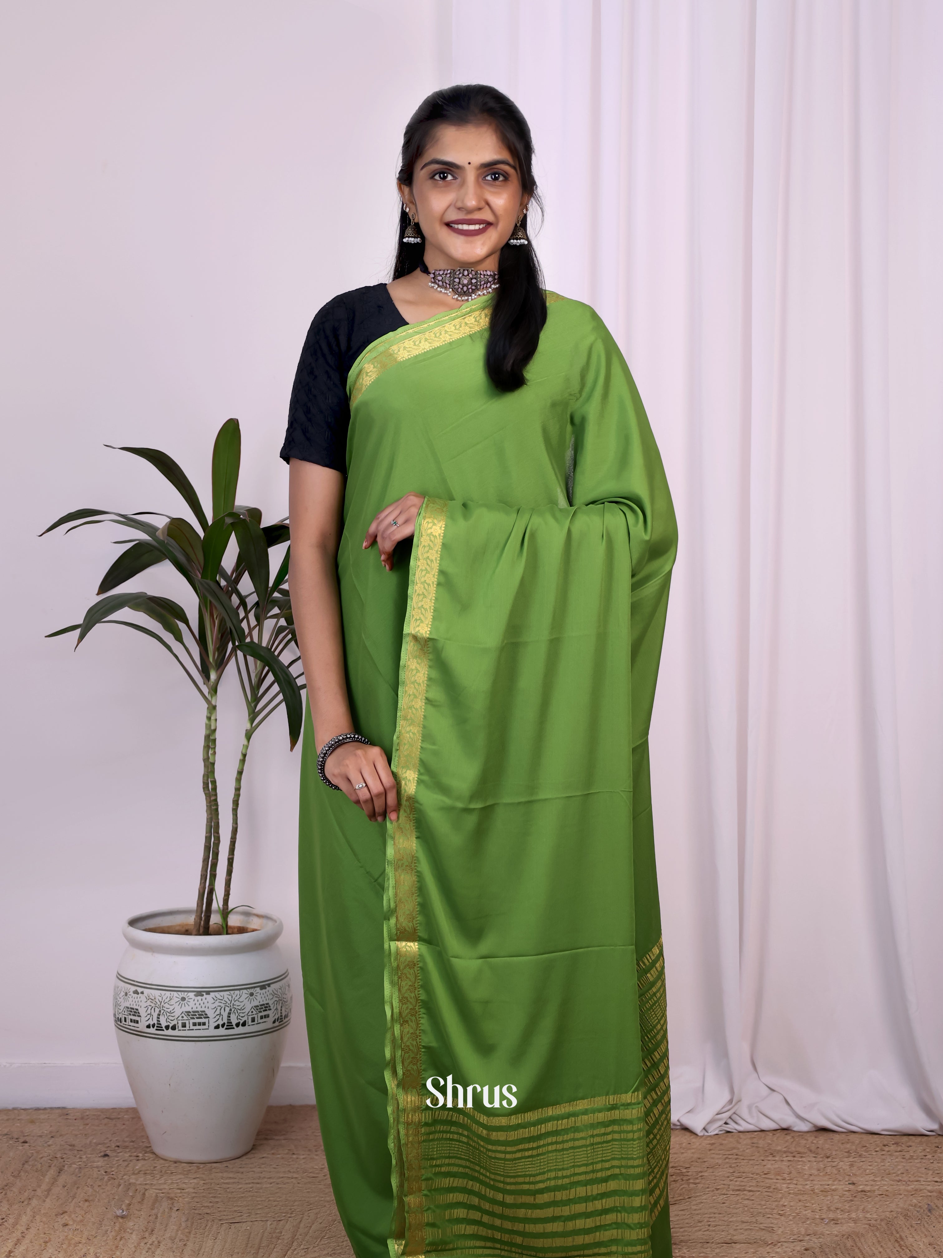 Green- Semi Mysoresilk Saree - Shop on Shrus.com