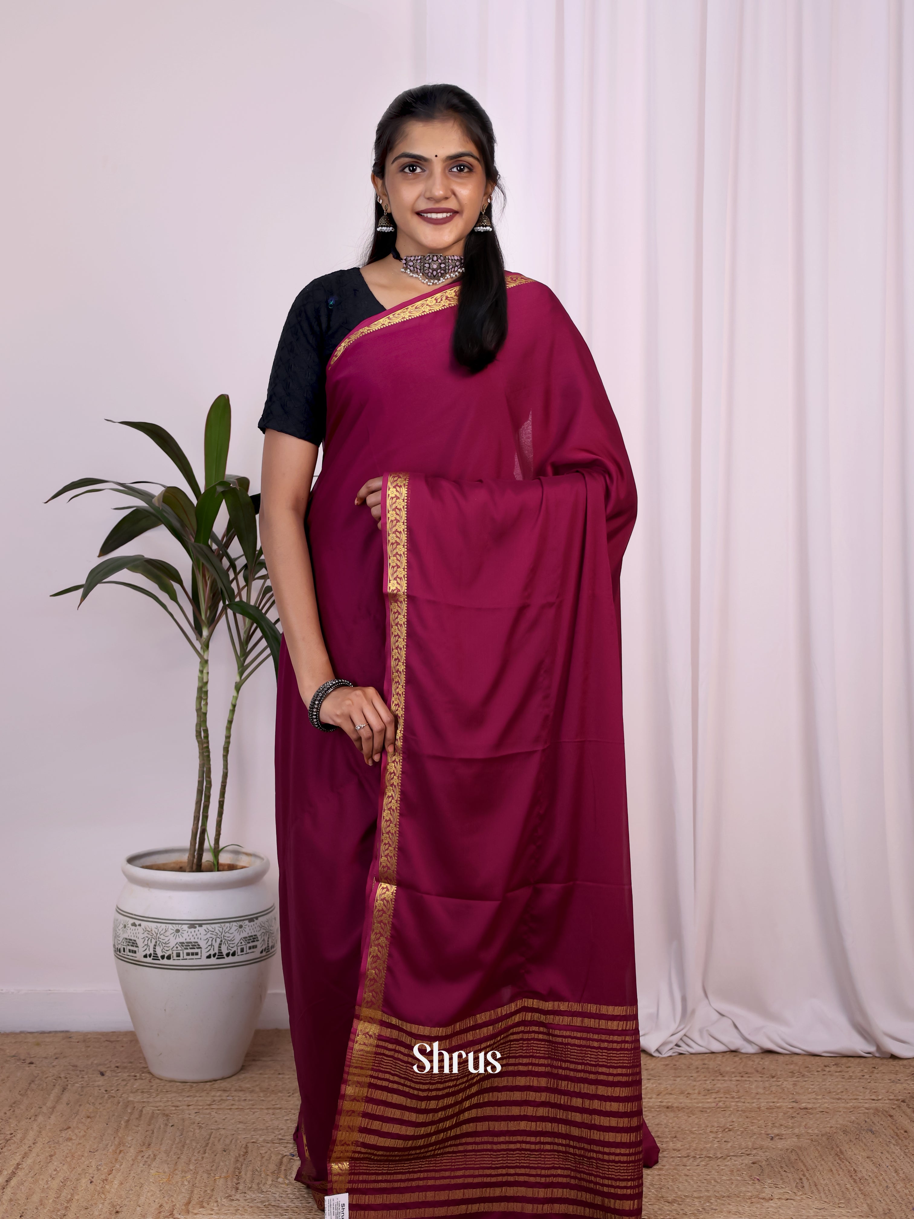 Wine - Semi Mysoresilk Saree - Shop on Shrus.com