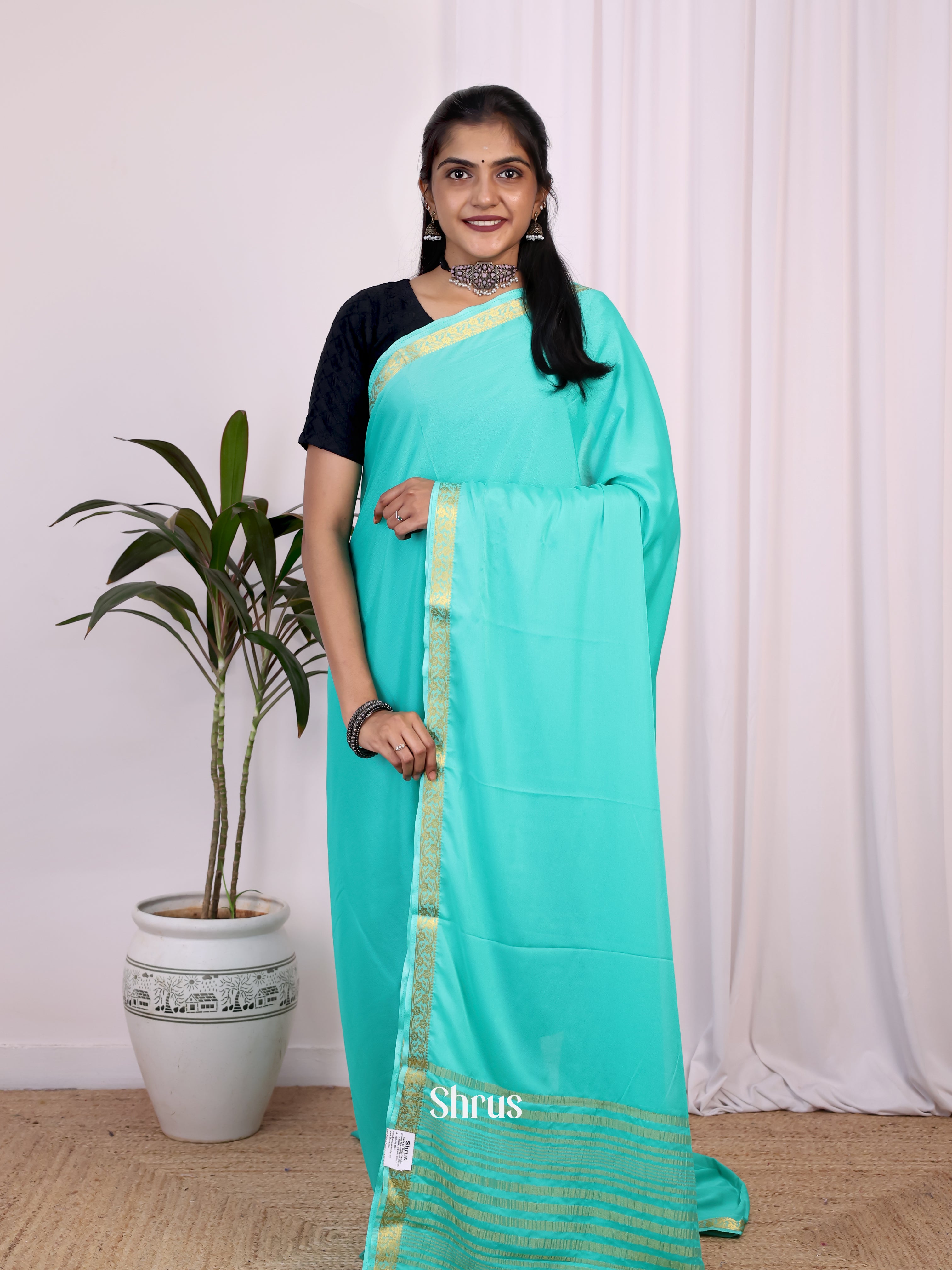 Teal - Semi Mysoresilk Saree - Shop on Shrus.com