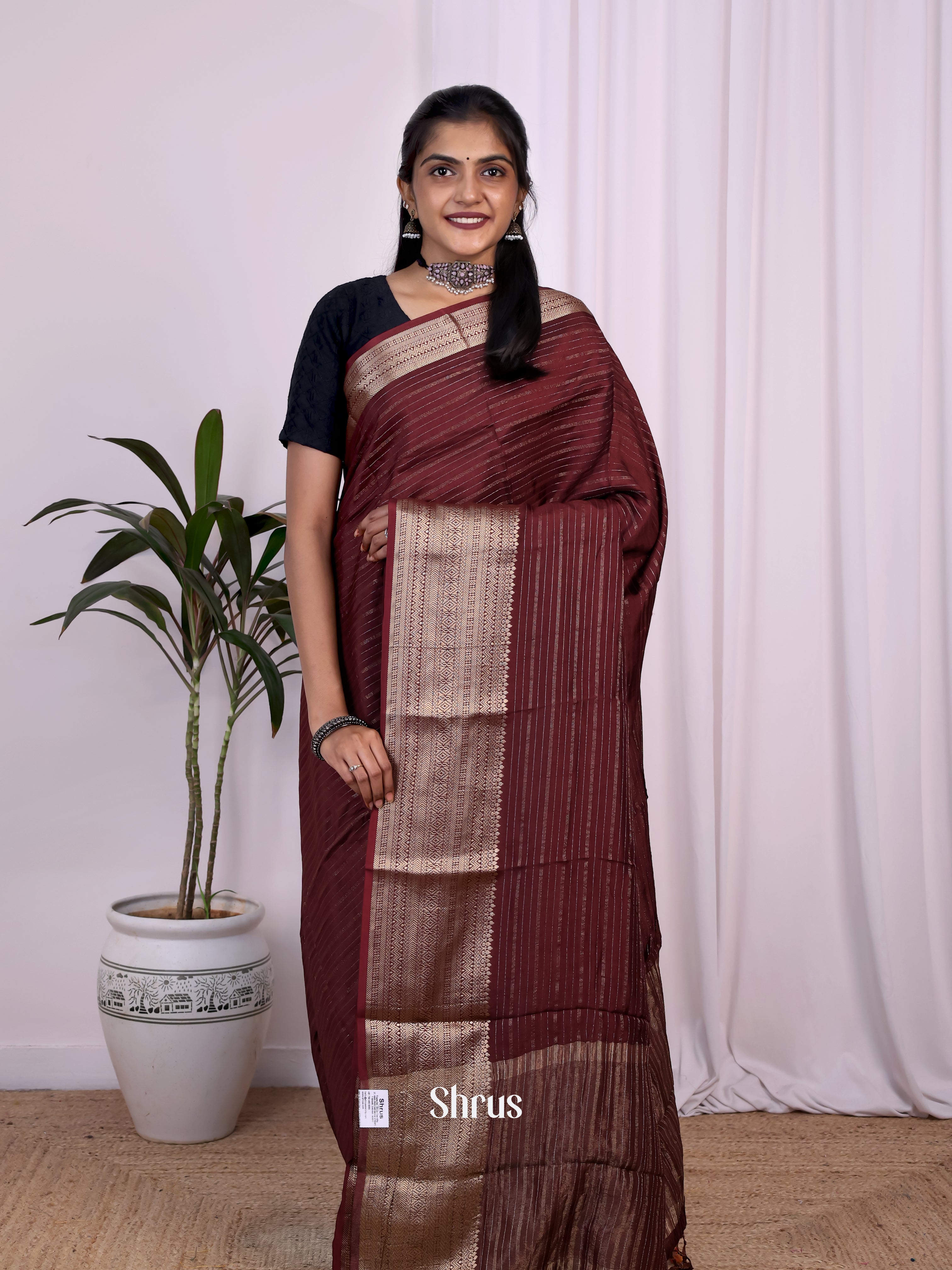 Brown - Semi Mysoresilk Saree - Shop on Shrus.com