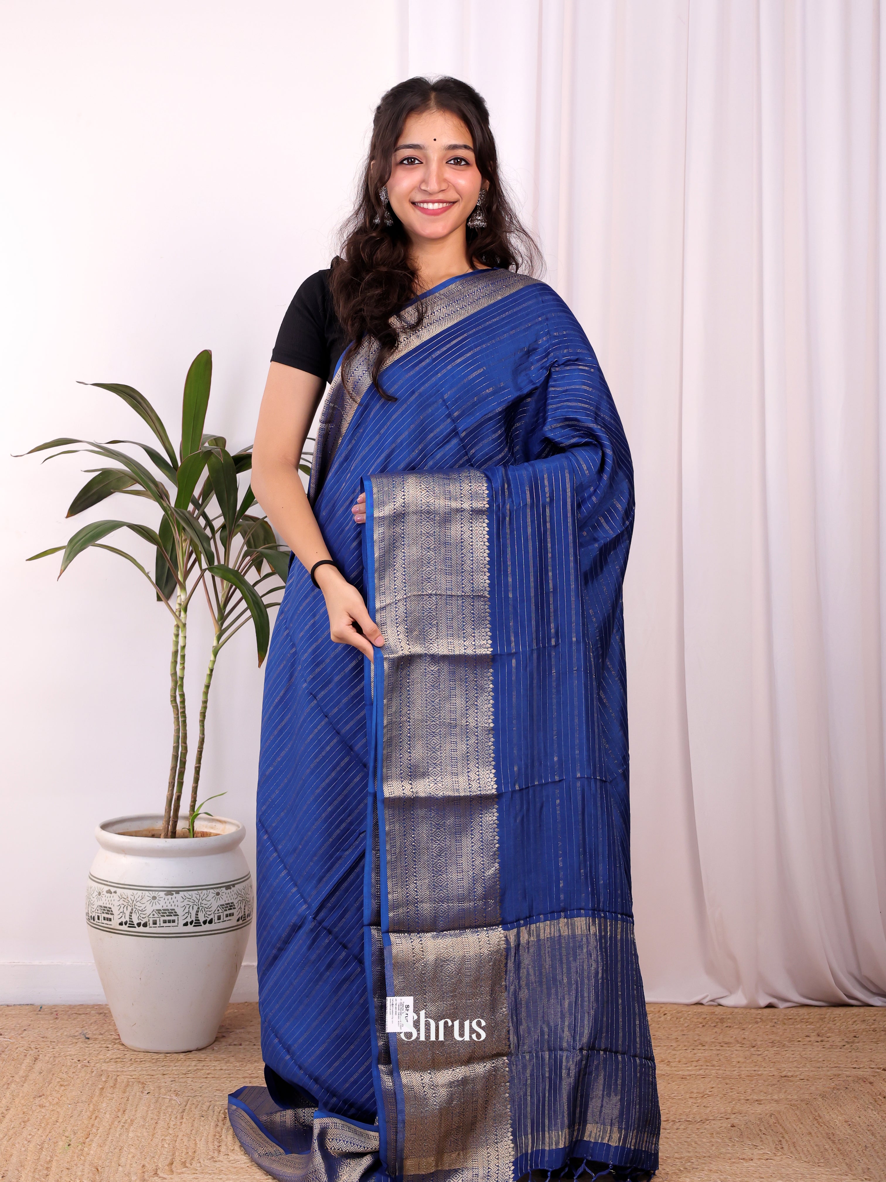 Blue & Cream - Semi Mysoresilk Saree - Shop on Shrus.com