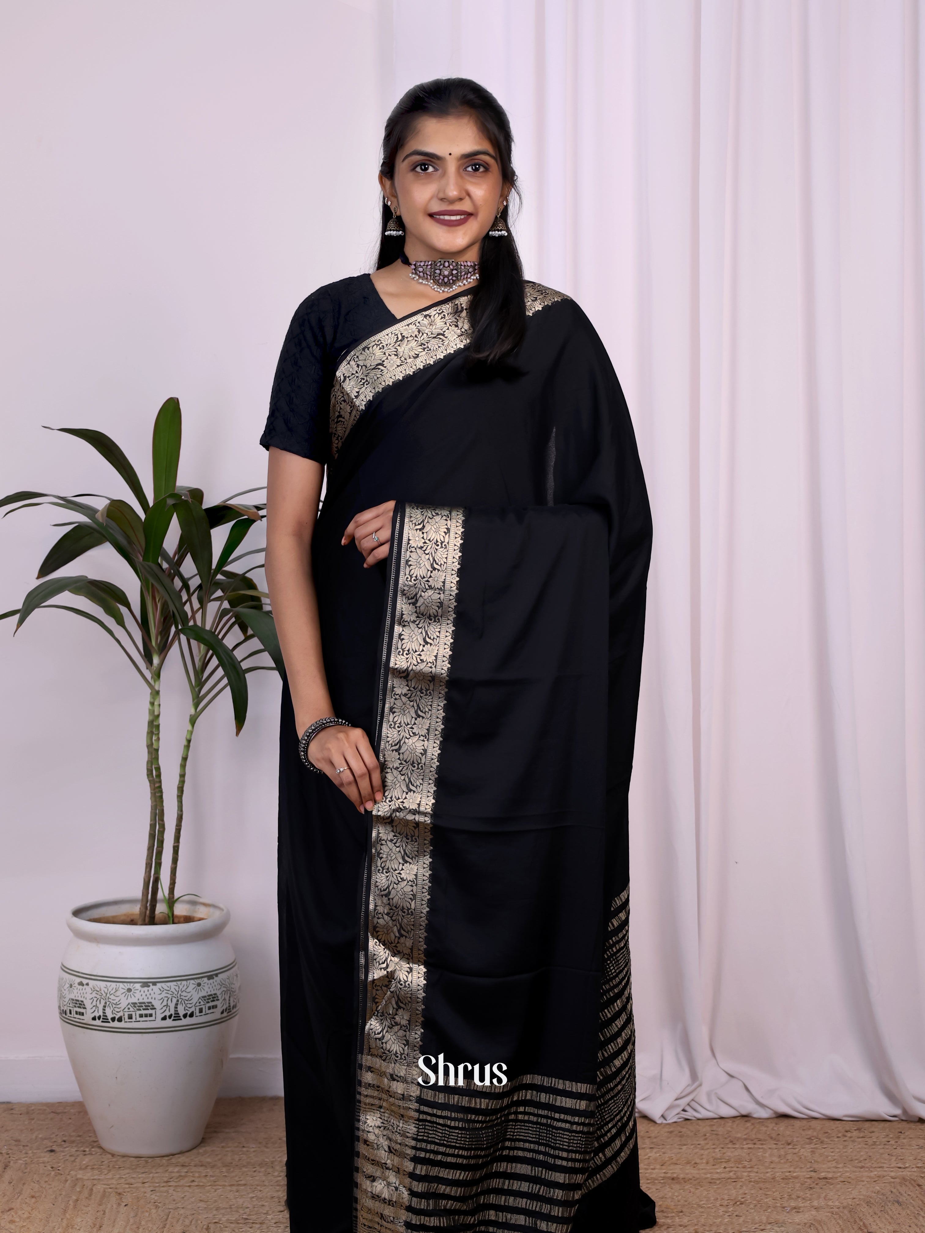 Black - Semi Mysoresilk Saree - Shop on Shrus.com