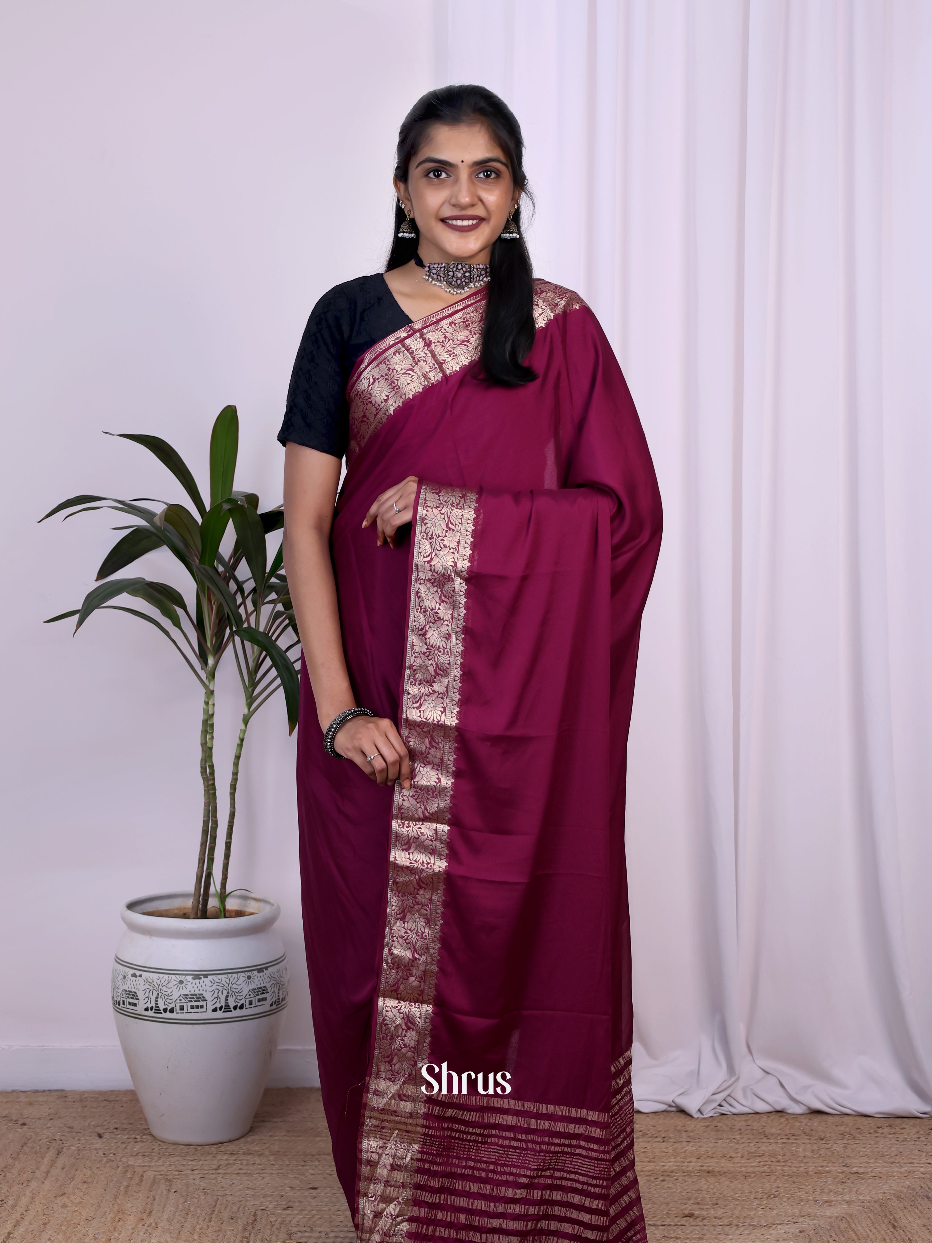 Wine- Semi Mysoresilk Saree - Shop on Shrus.com