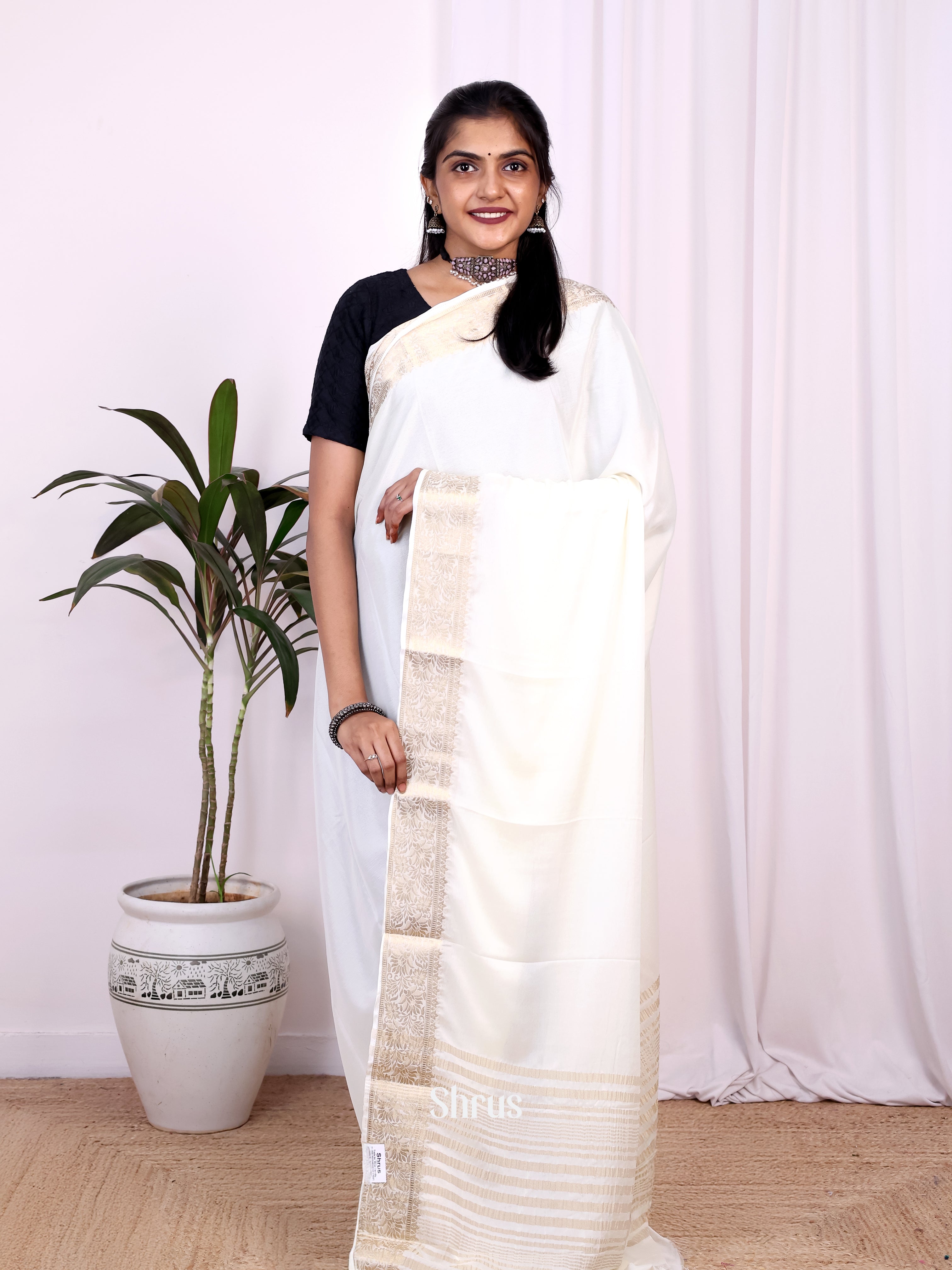 Cream - Semi Mysoresilk Saree - Shop on Shrus.com