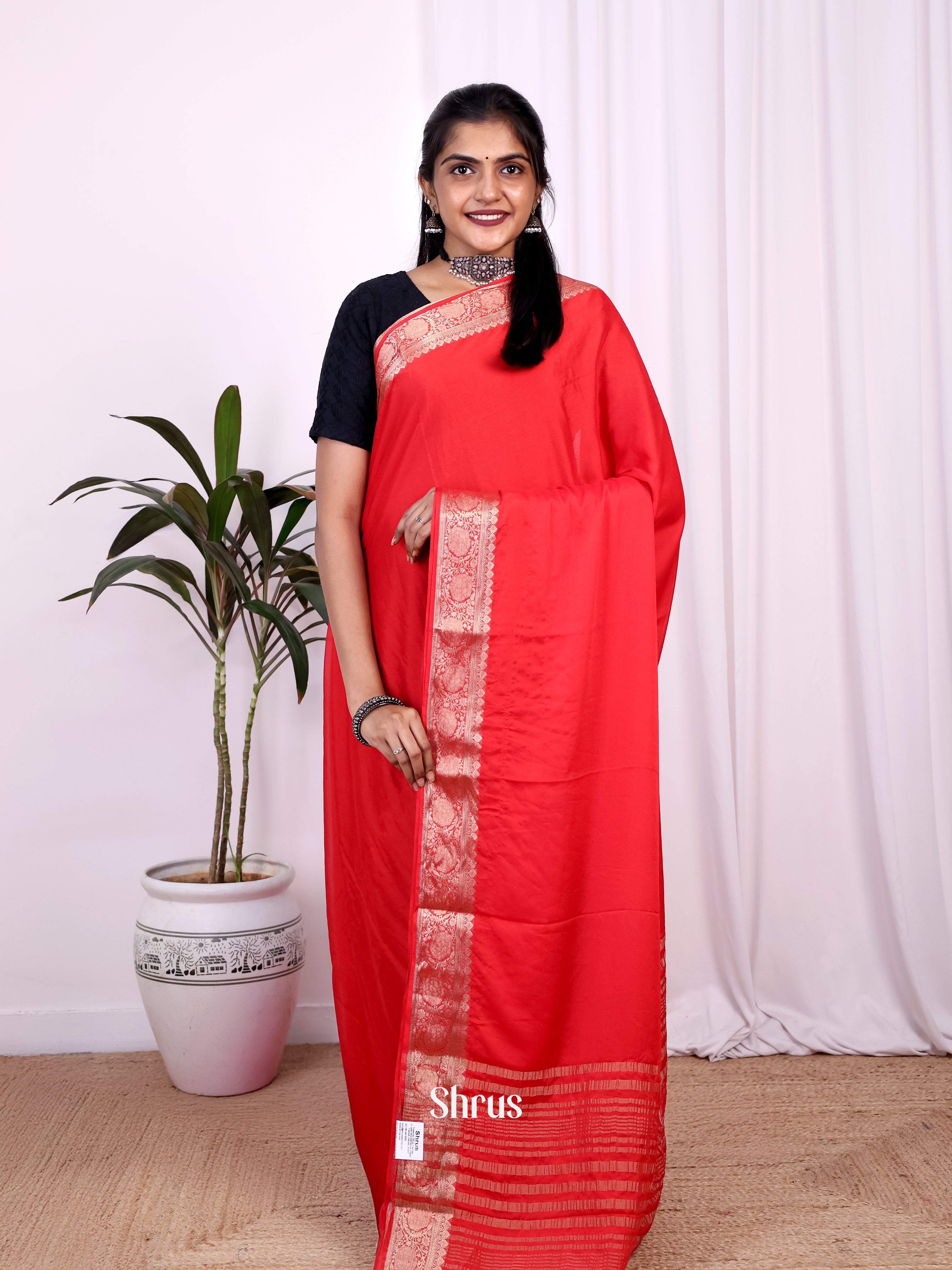 Red- Semi Mysoresilk Saree - Shop on Shrus.com
