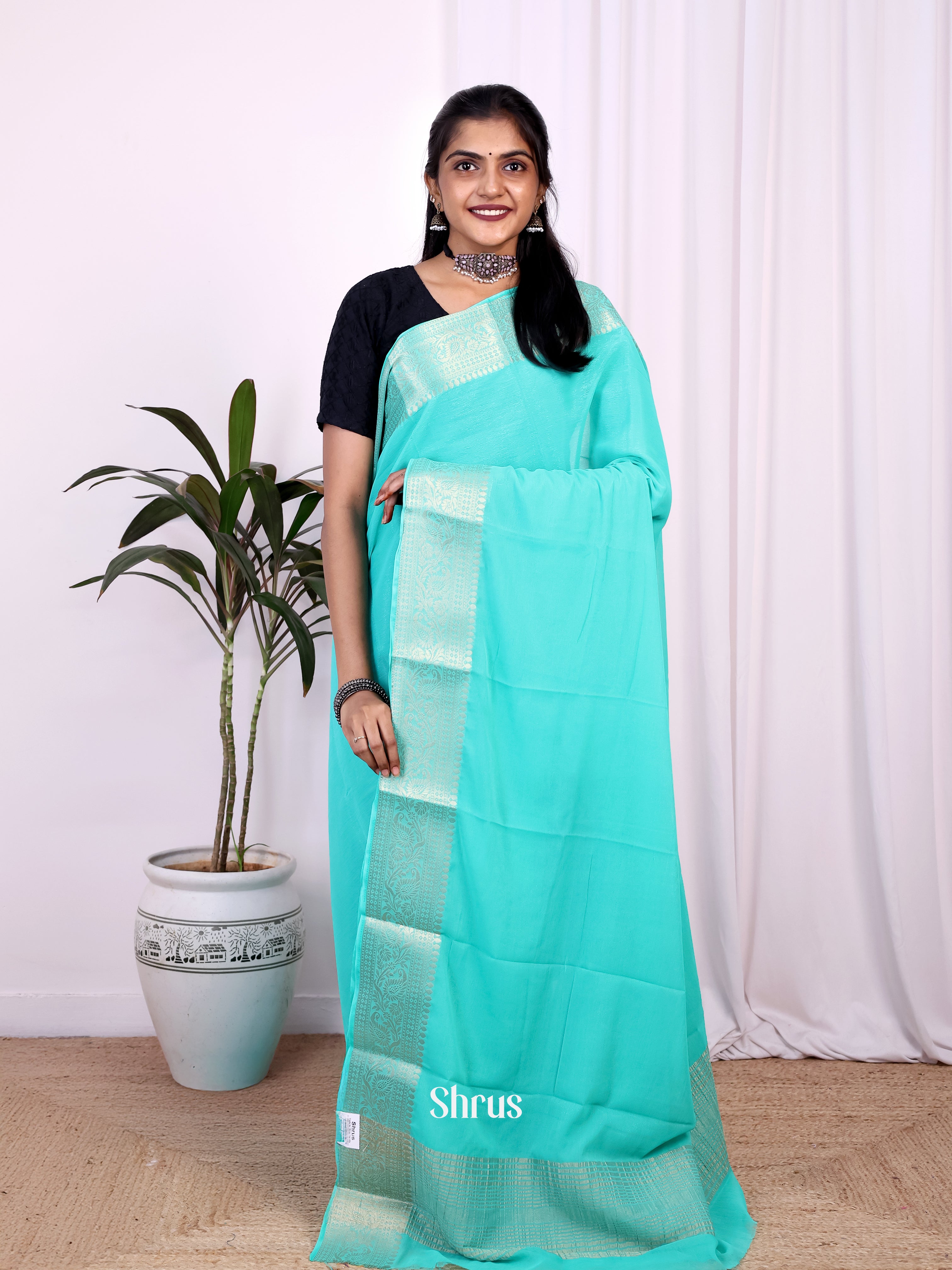 Teal - Semi Mysoresilk Saree - Shop on Shrus.com