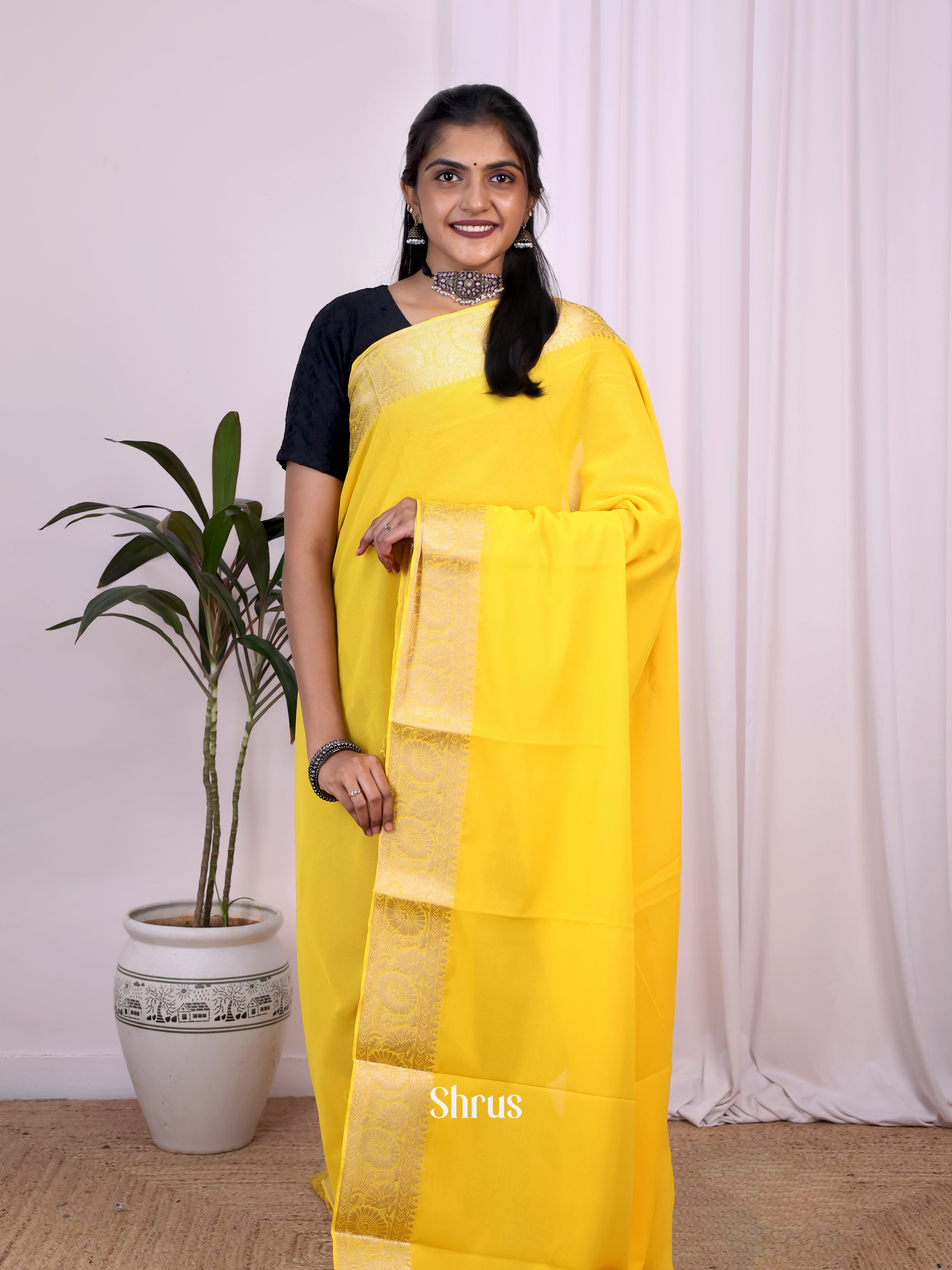Lemon Yellow- Semi Mysoresilk Saree - Shop on Shrus.com