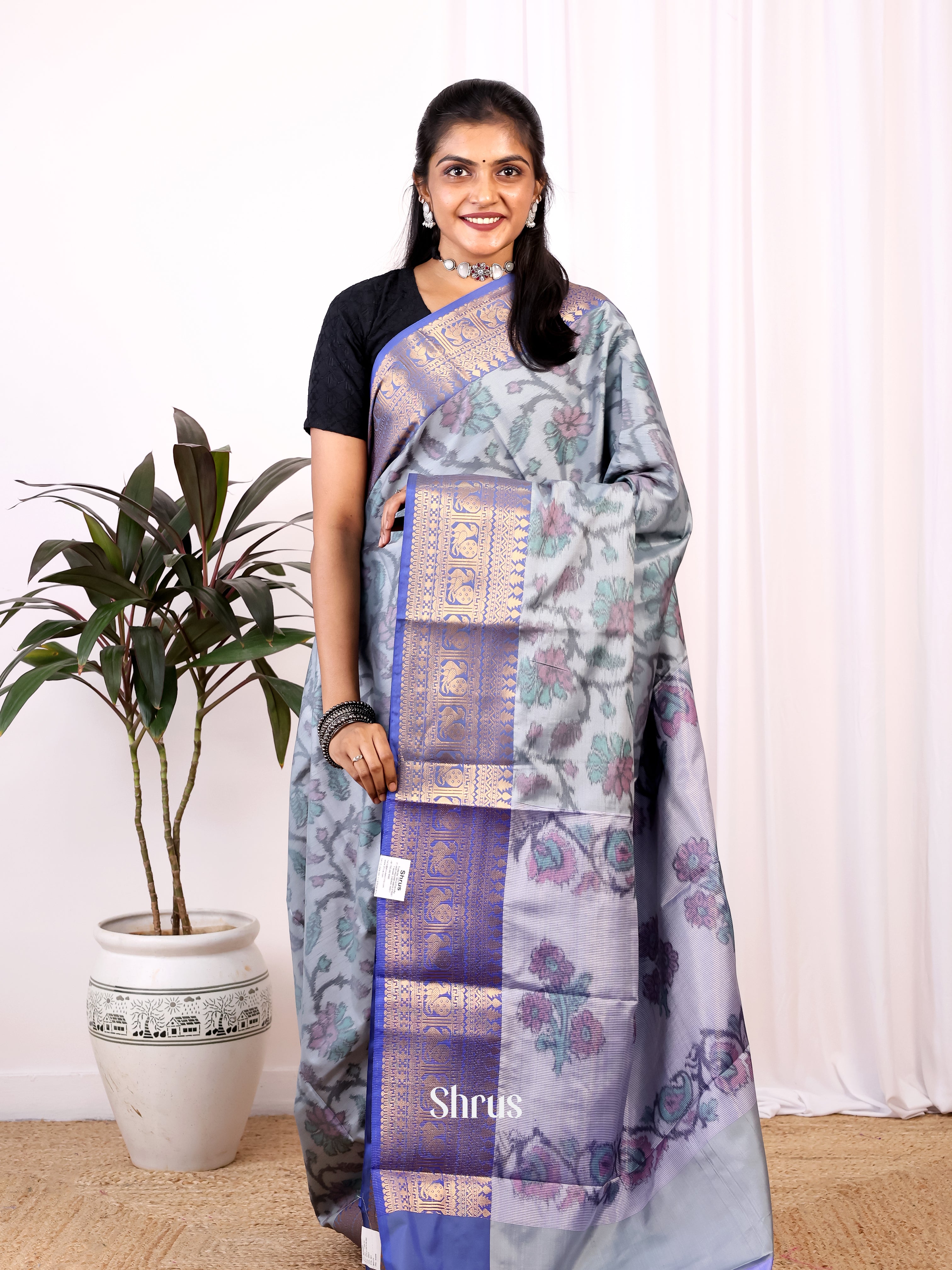 Grey & Purple - Semi Ikkat Saree - Shop on Shrus.com