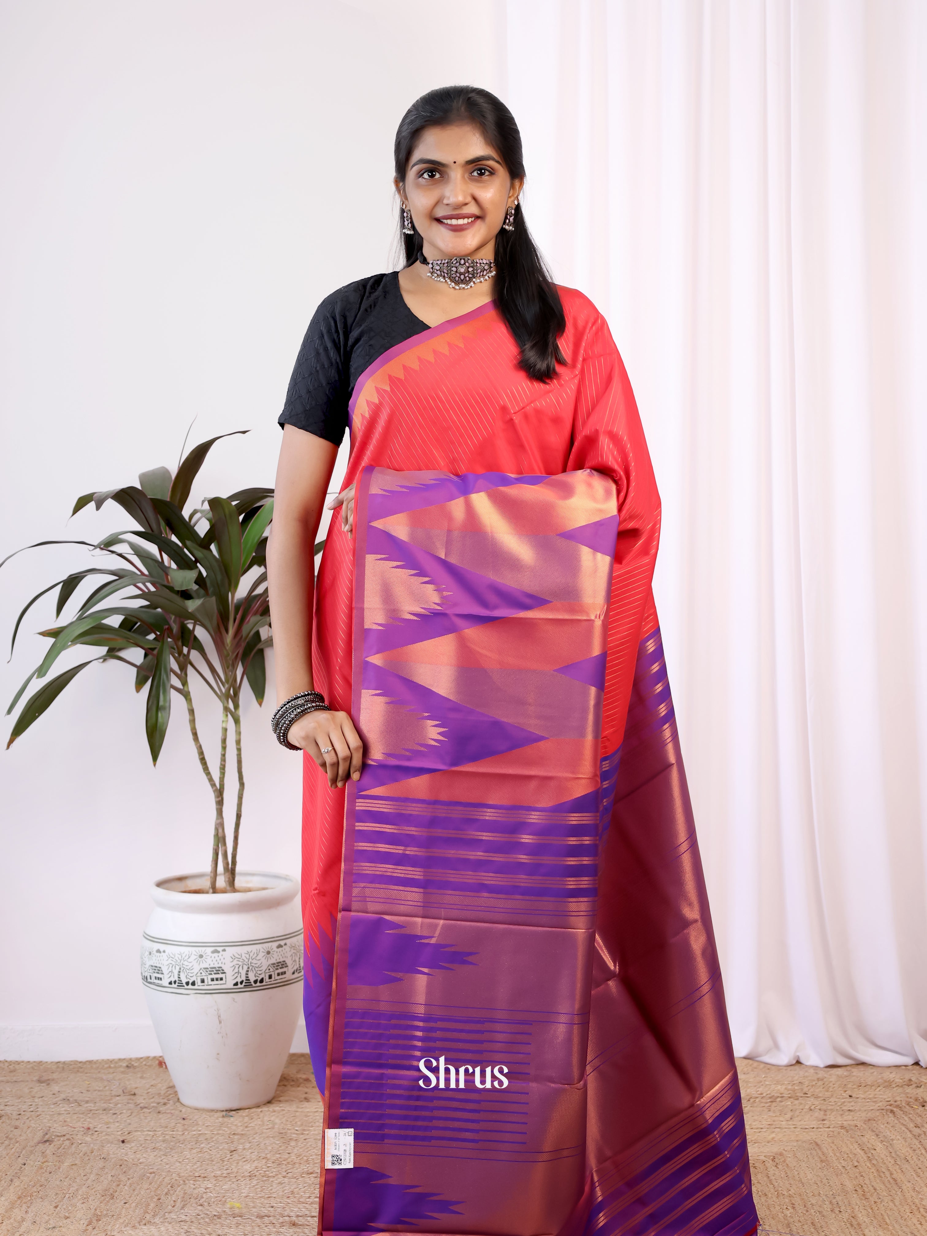 Red & Purple - Semi Kanchipuram Saree - Shop on Shrus.com
