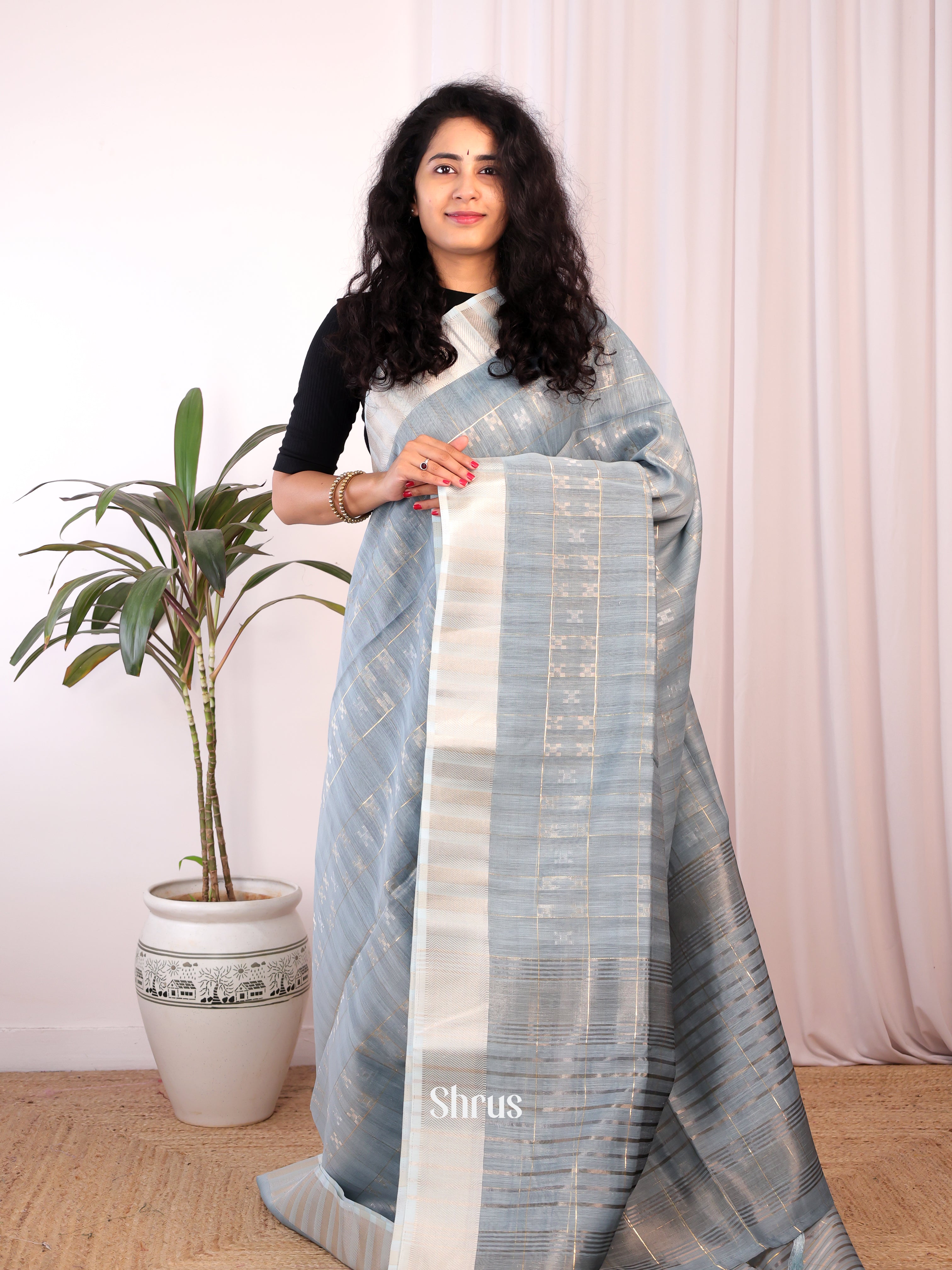 Blue- Semi Maheshwari Saree - Shop on Shrus.com