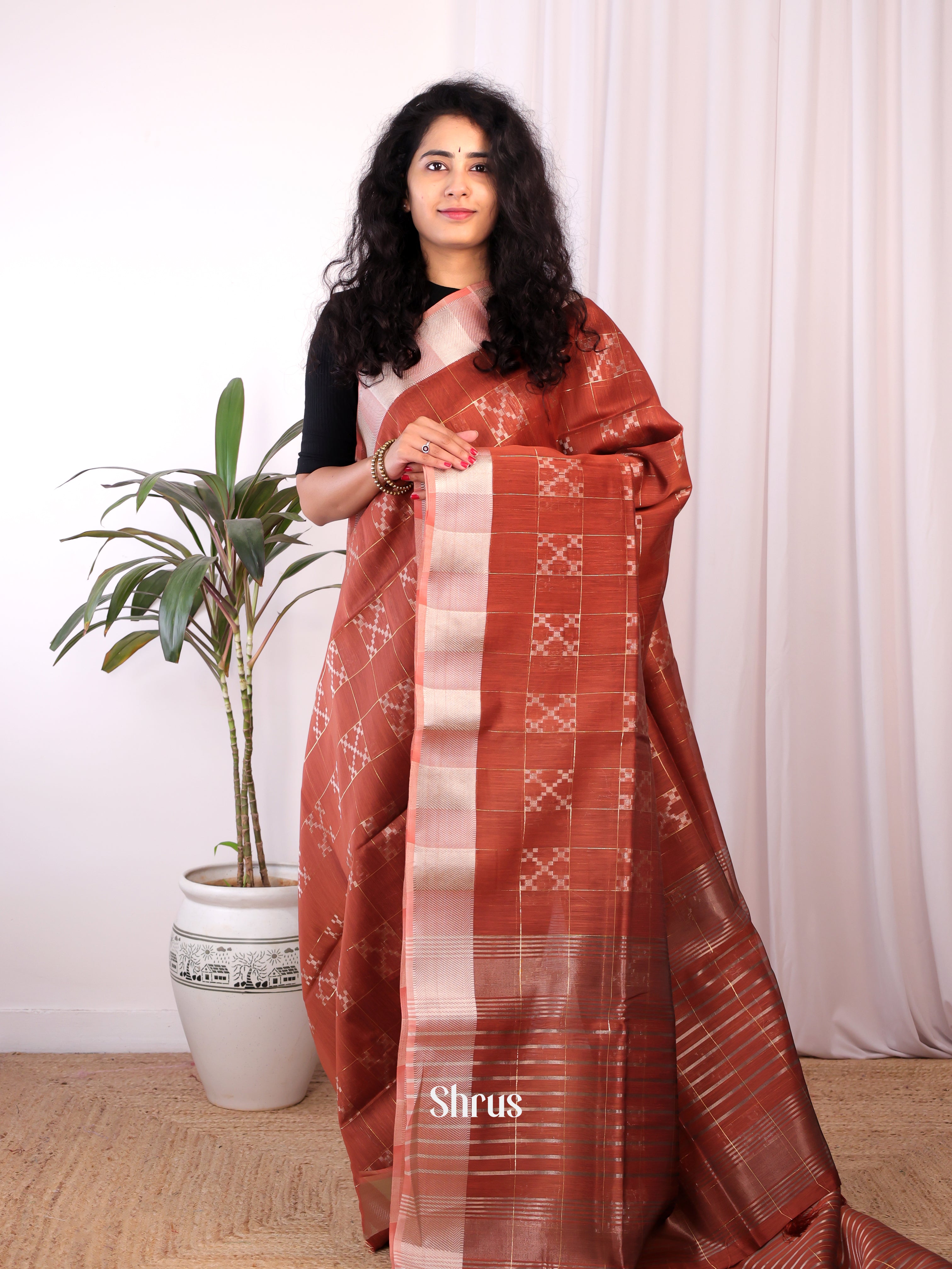 Brown - Semi Maheshwari Saree - Shop on Shrus.com