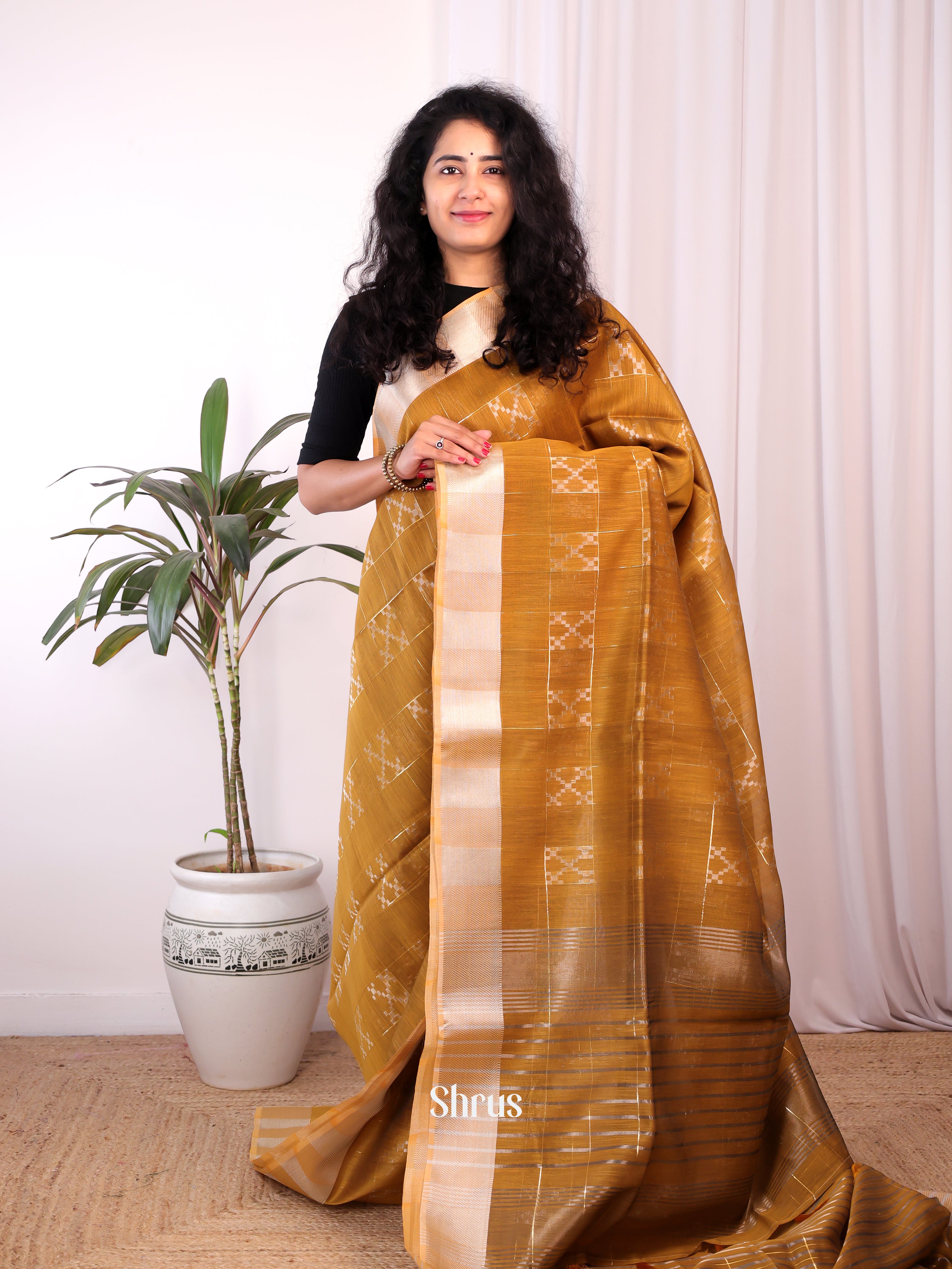 Mustard- Semi Maheshwari Saree - Shop on Shrus.com