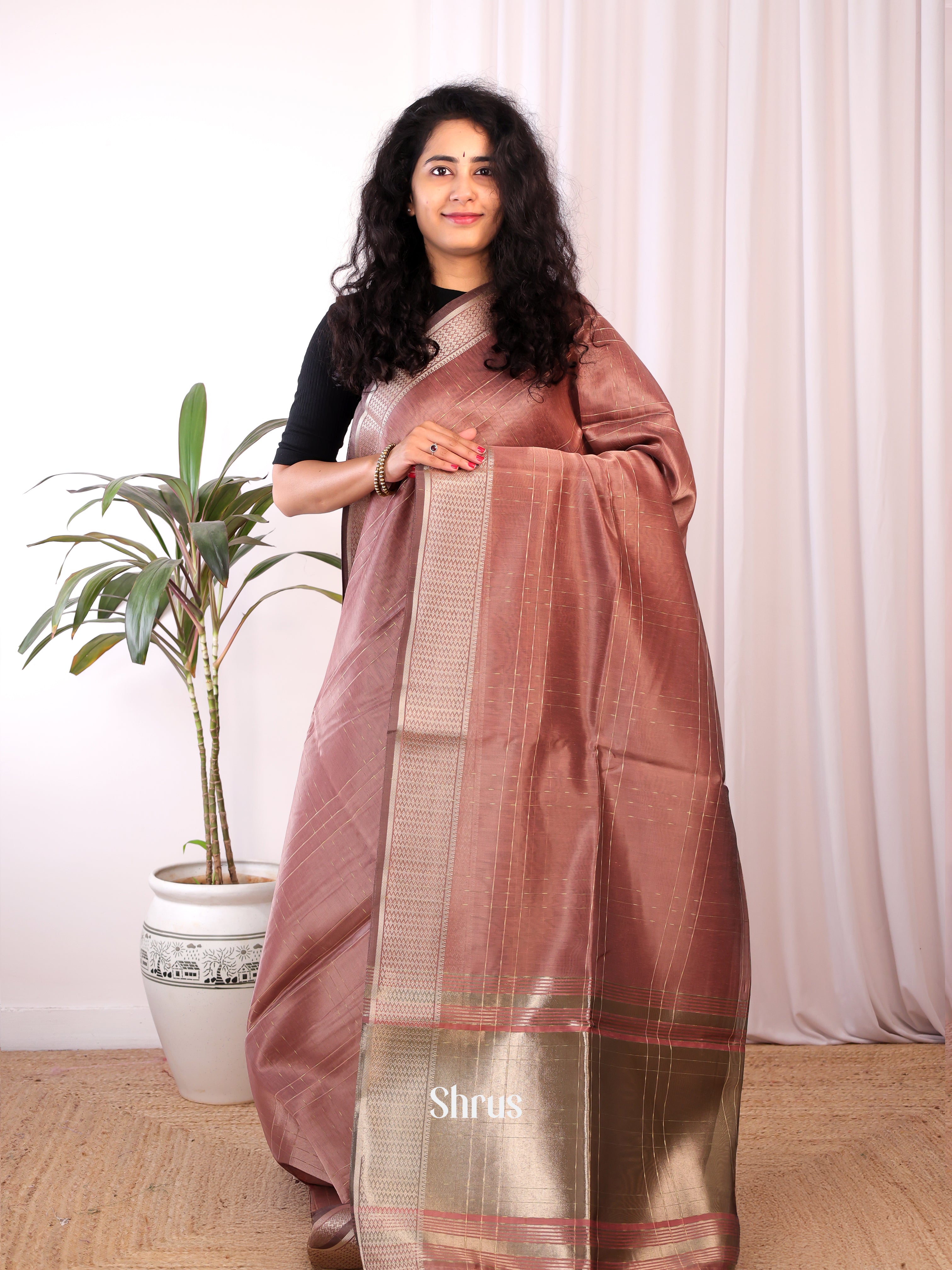 Brown- Semi Maheshwari Saree - Shop on Shrus.com