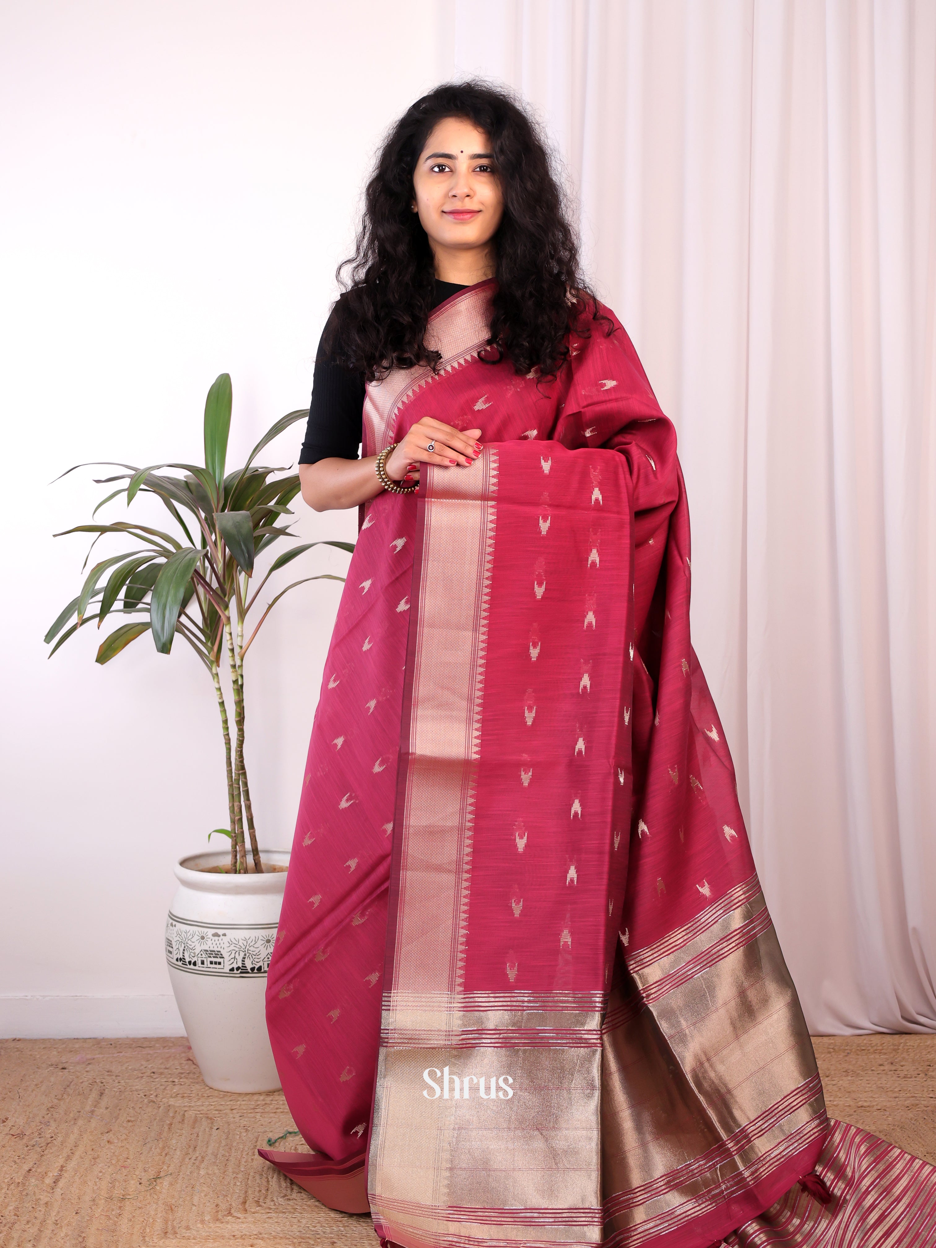 Maroon- Semi Maheshwari Saree - Shop on Shrus.com