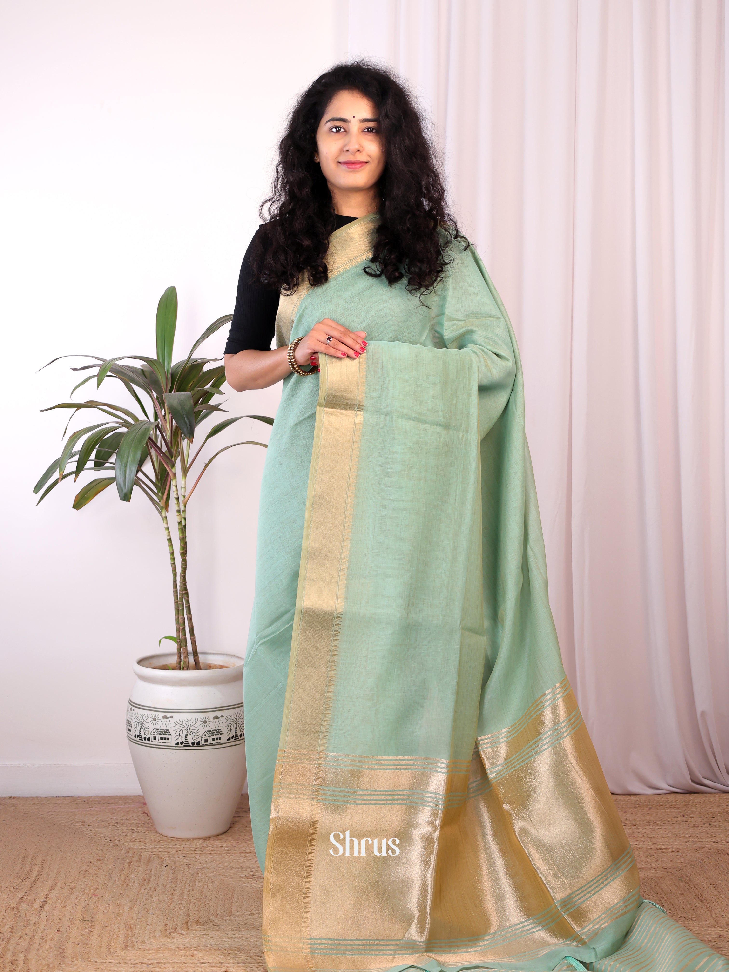 Lite Green- Semi Maheshwari Saree - Shop on Shrus.com