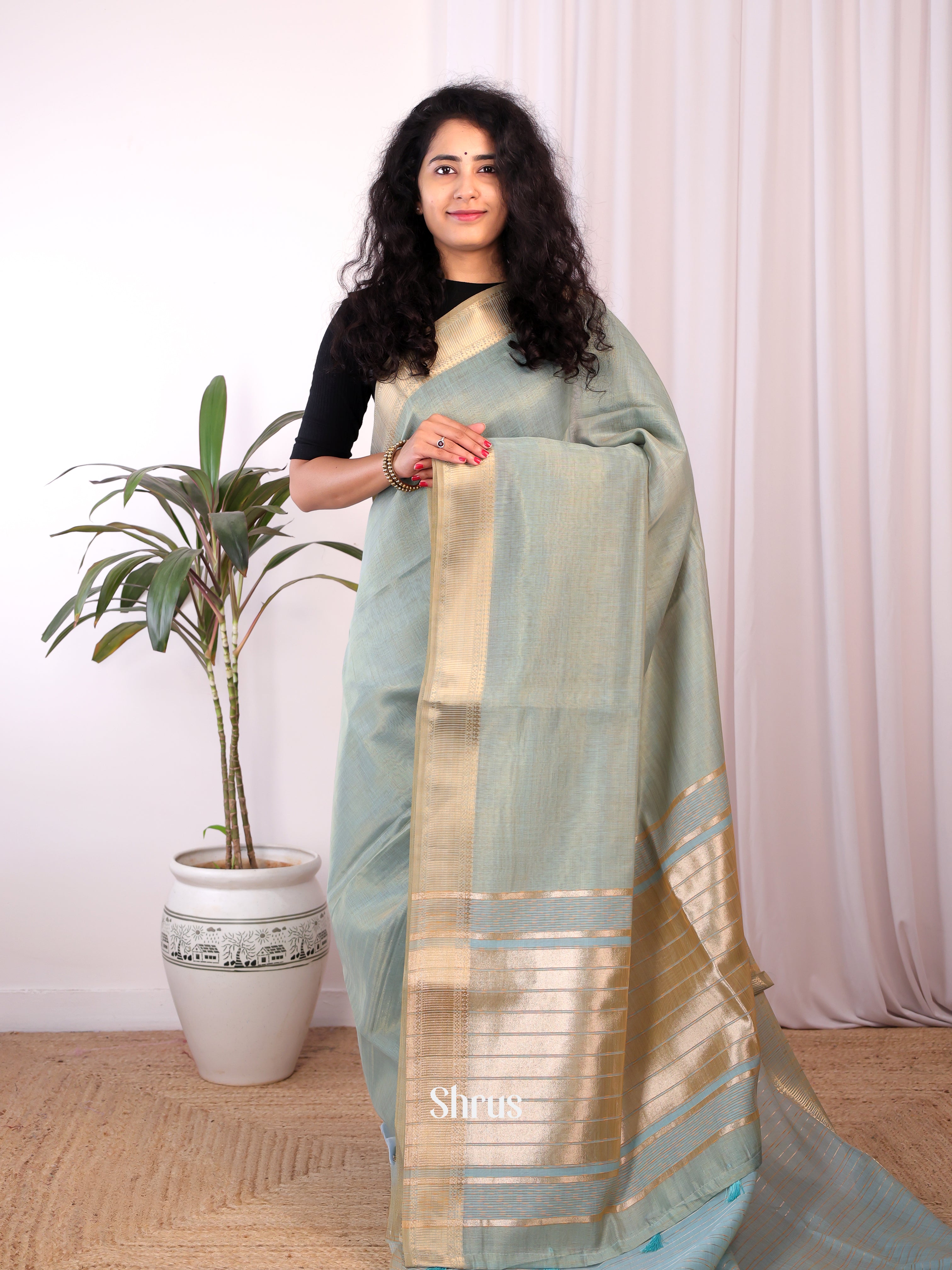 Lite Blue - Semi Maheshwari Saree - Shop on Shrus.com