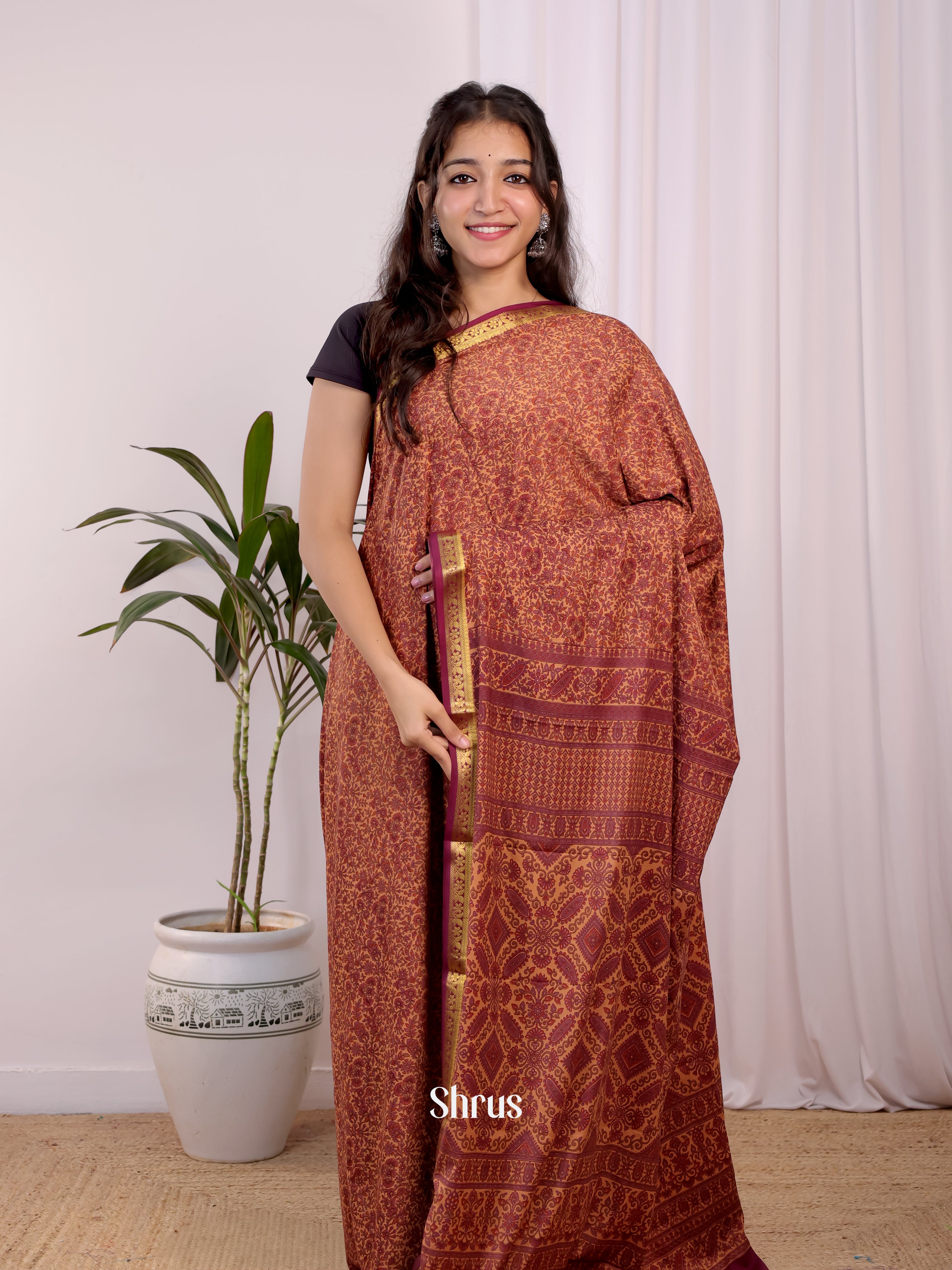 Brown - Semi Mysoresilk Saree - Shop on Shrus.com