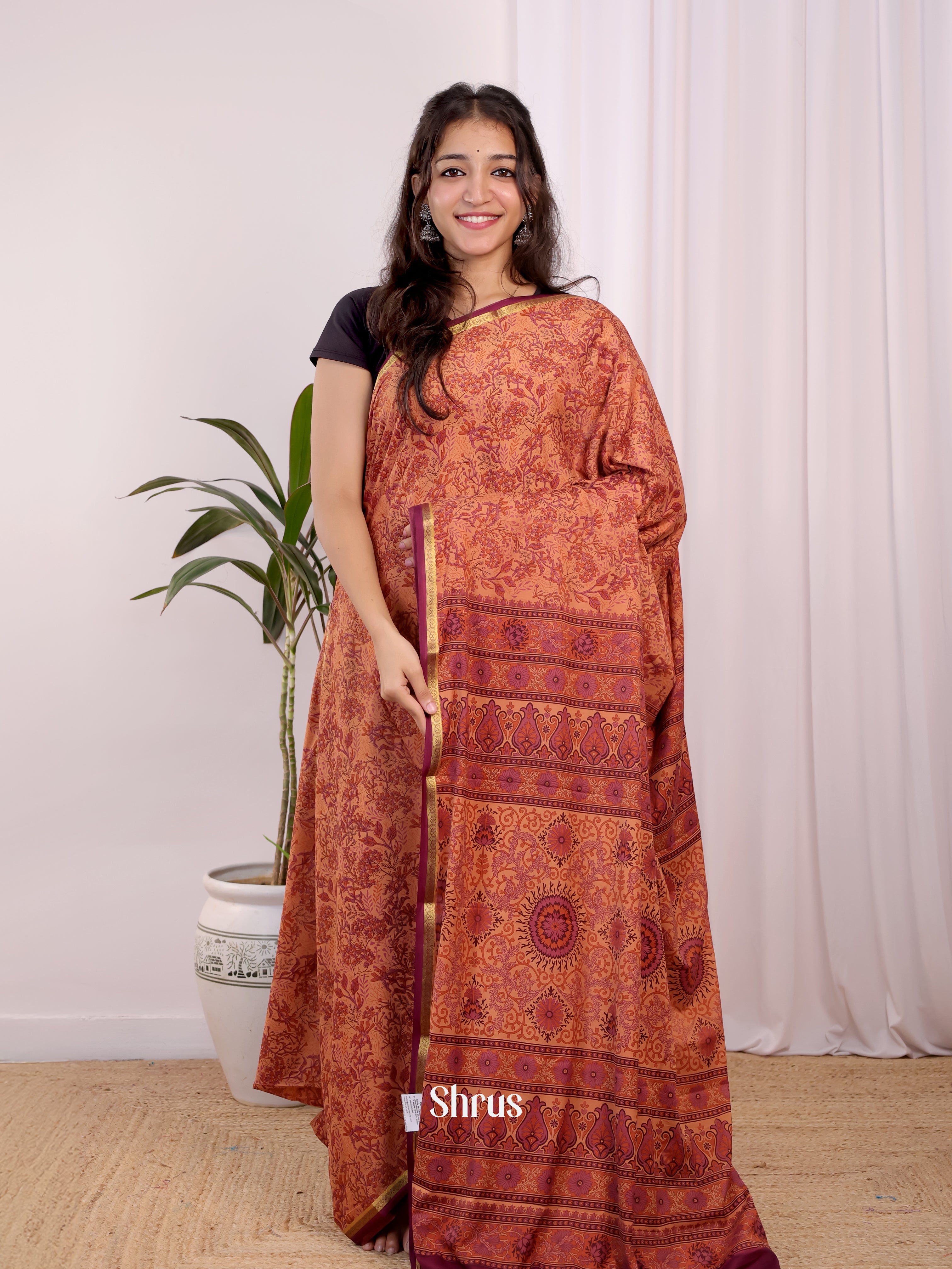 Brown - Semi Mysoresilk Saree - Shop on Shrus.com