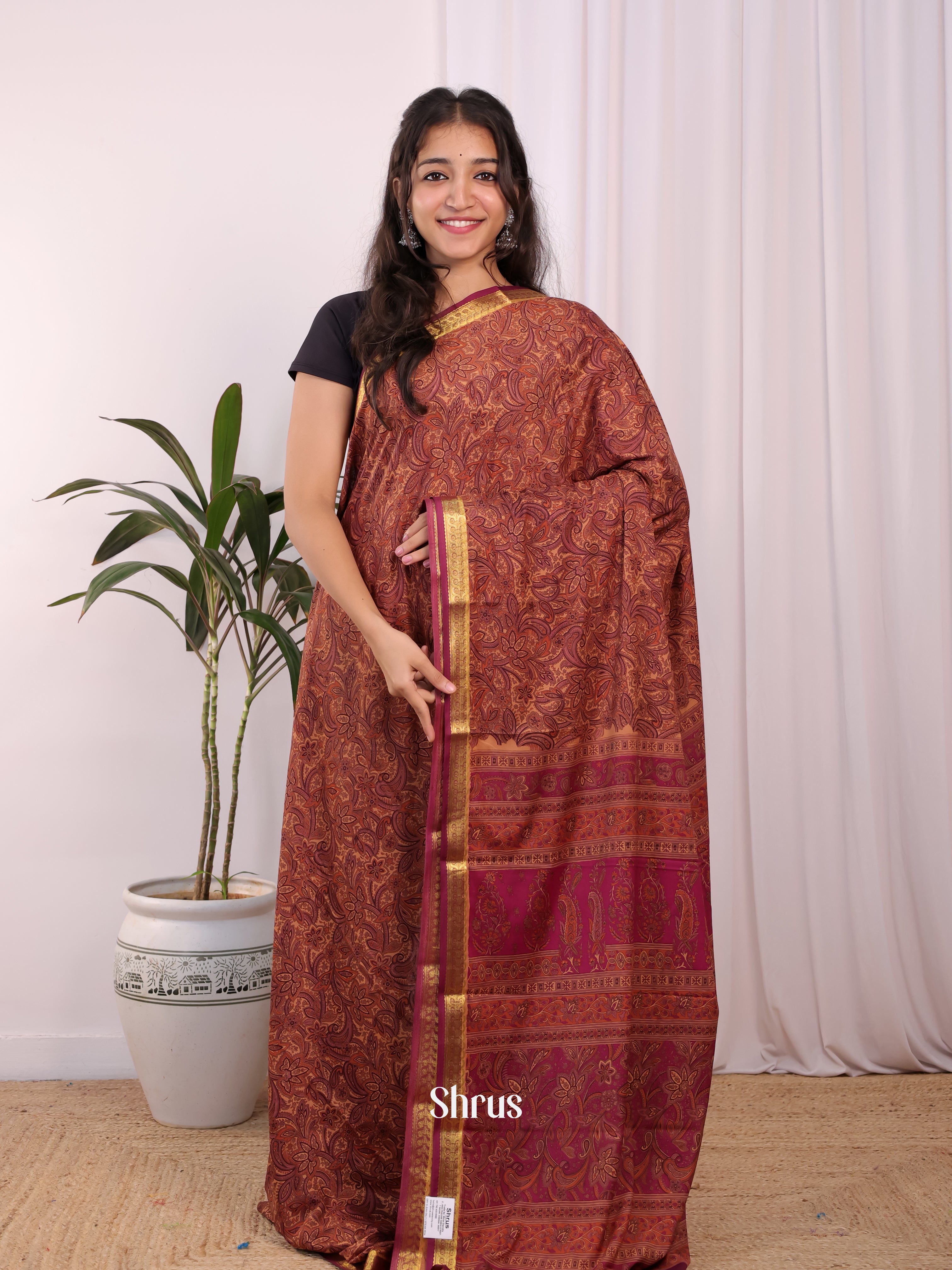 Brown - Semi Mysoresilk Saree - Shop on Shrus.com