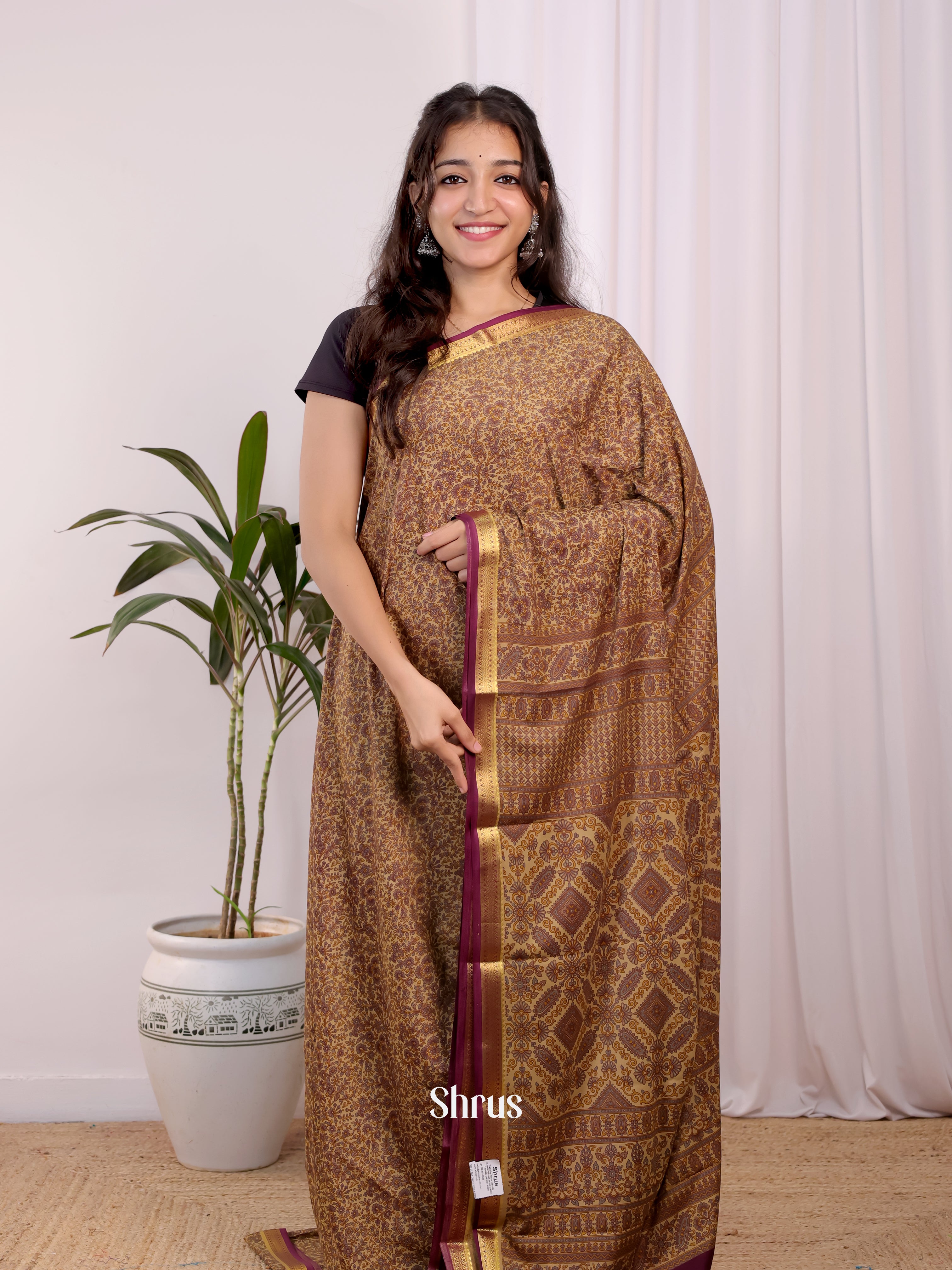 Dull Brown- Semi Mysoresilk Saree - Shop on Shrus.com