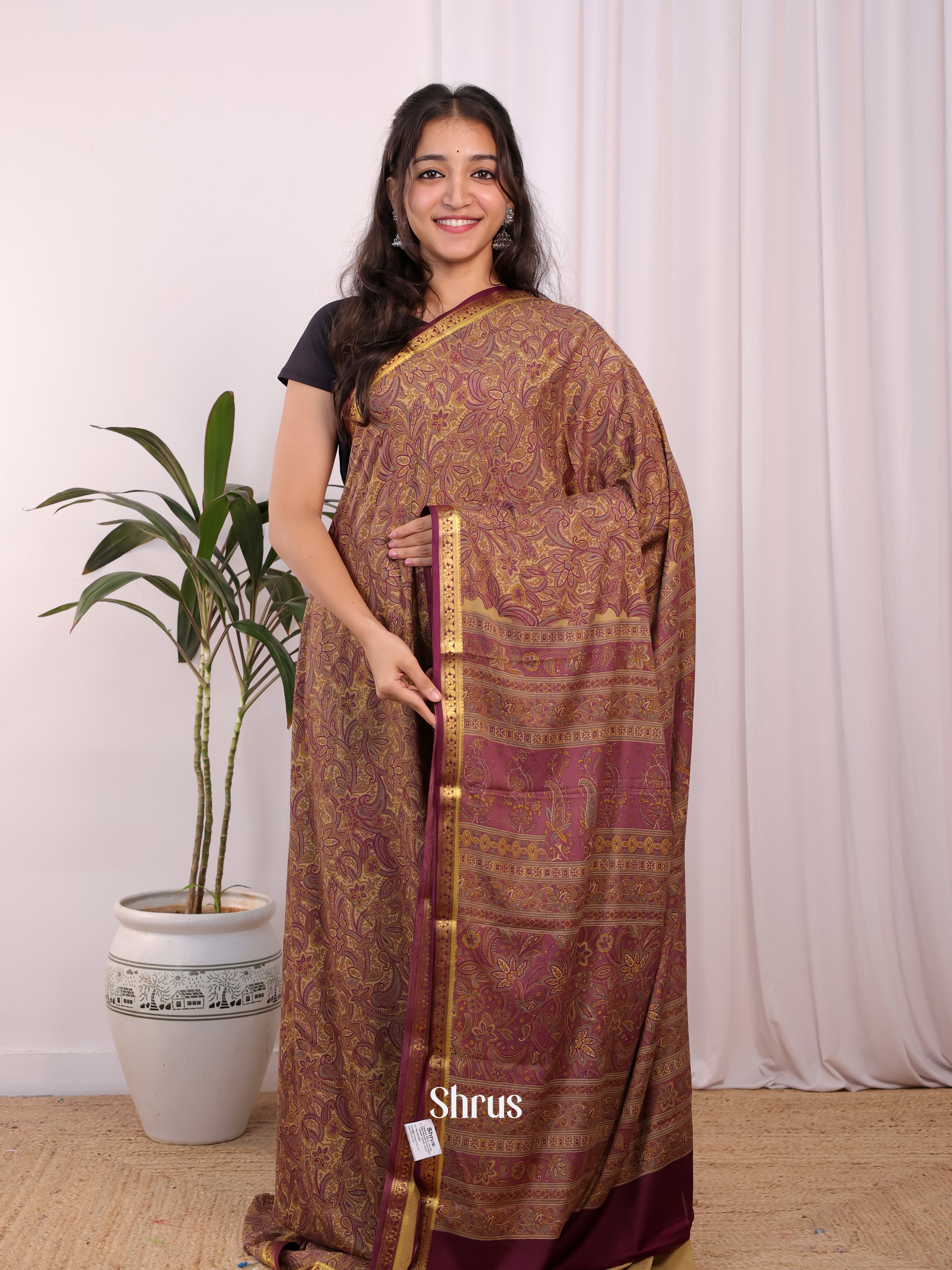 Beige - Semi Mysoresilk Saree - Shop on Shrus.com