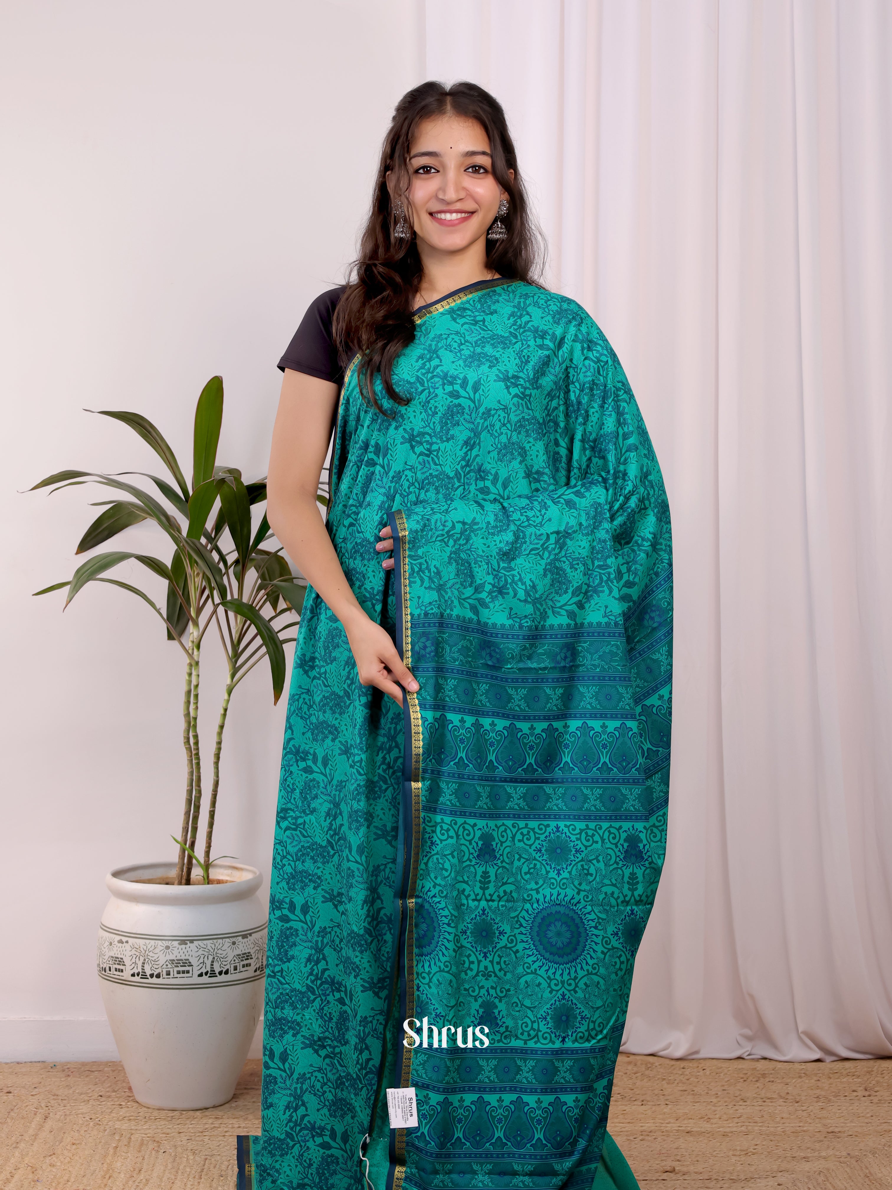 Teal - Semi Mysoresilk Saree - Shop on Shrus.com