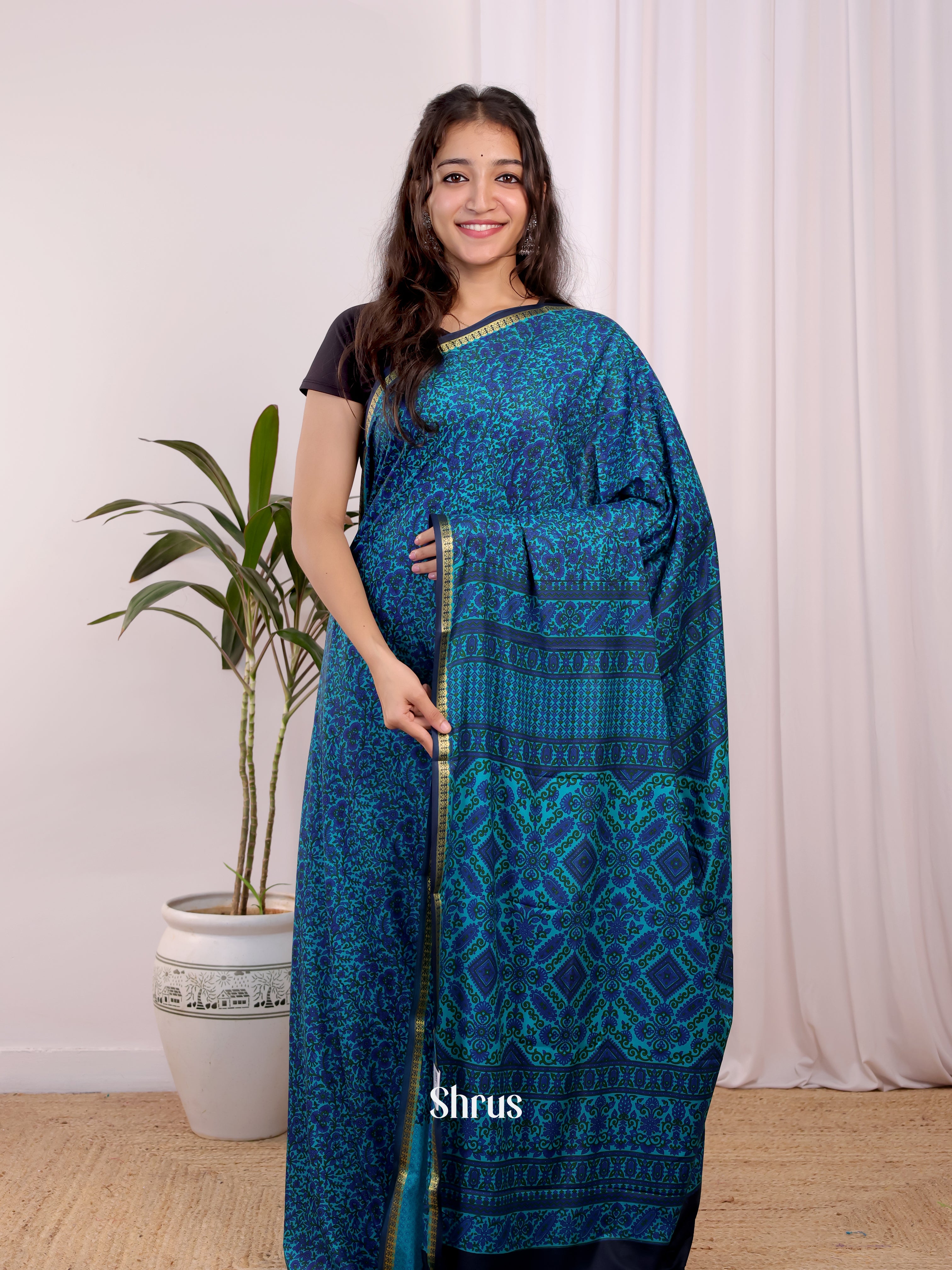Blue - Semi Mysoresilk Saree - Shop on Shrus.com