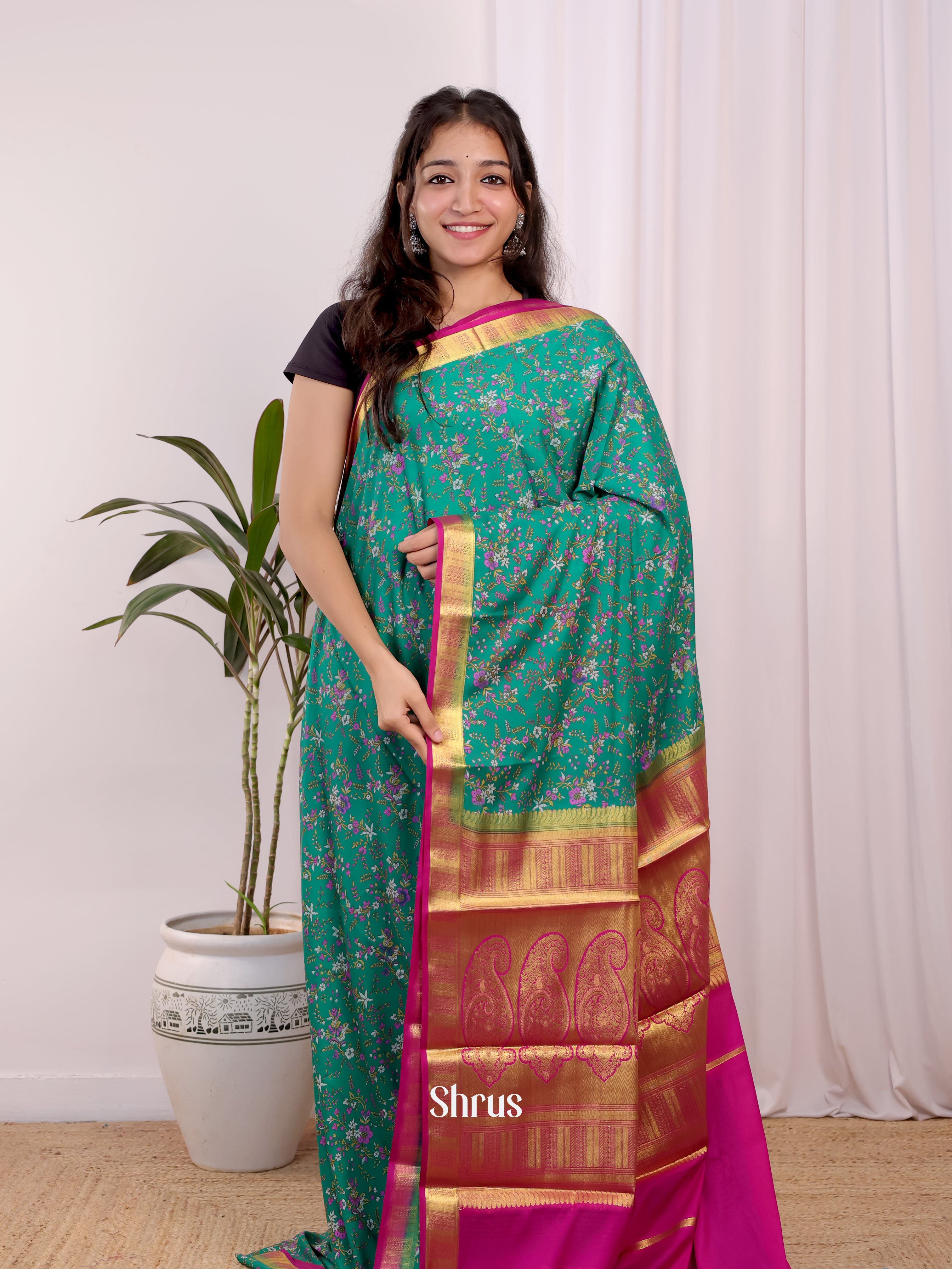 Green & Pink - Semi Mysoresilk Saree - Shop on Shrus.com