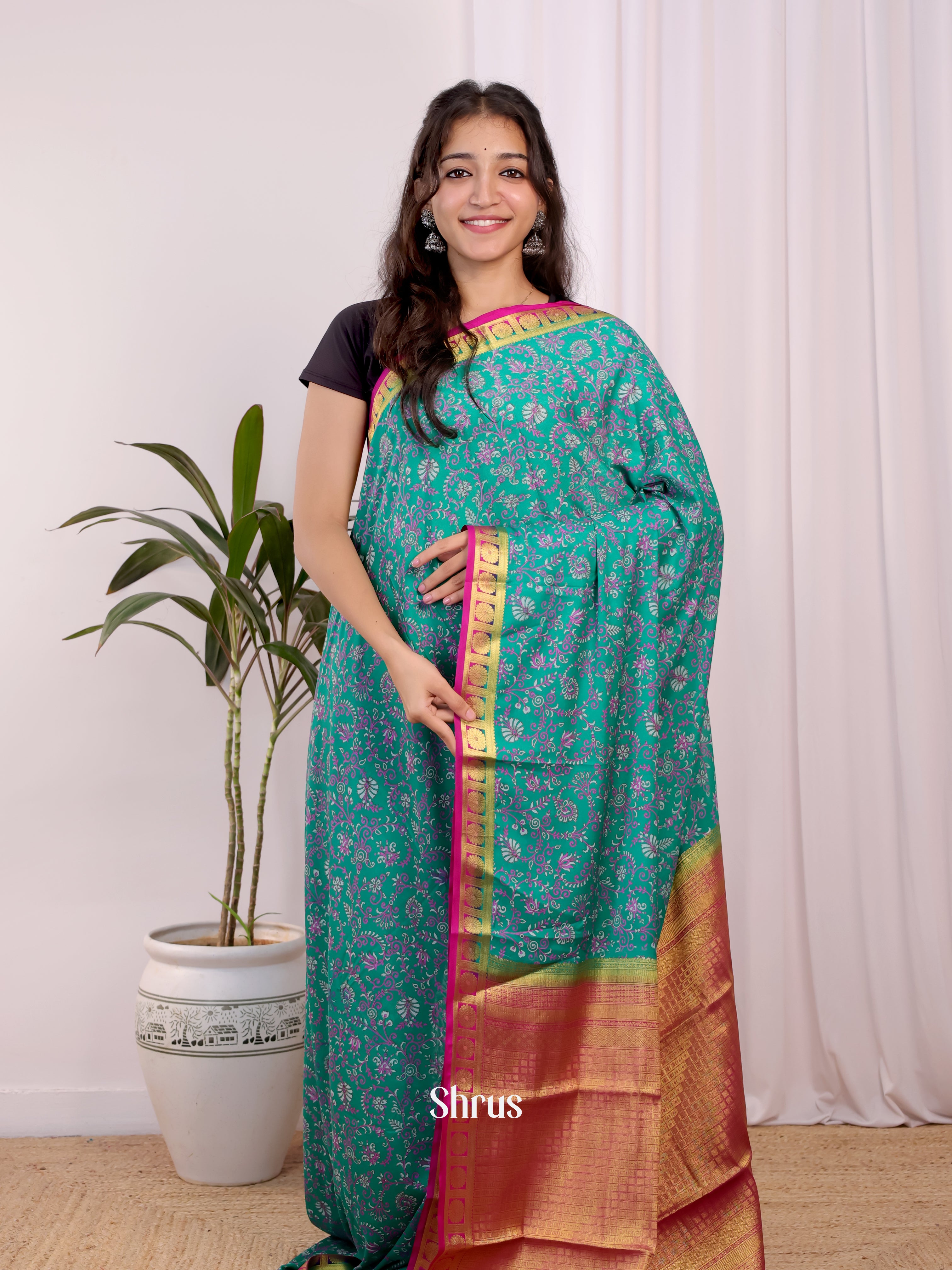 Green & Pink - Semi Mysoresilk Saree - Shop on Shrus.com
