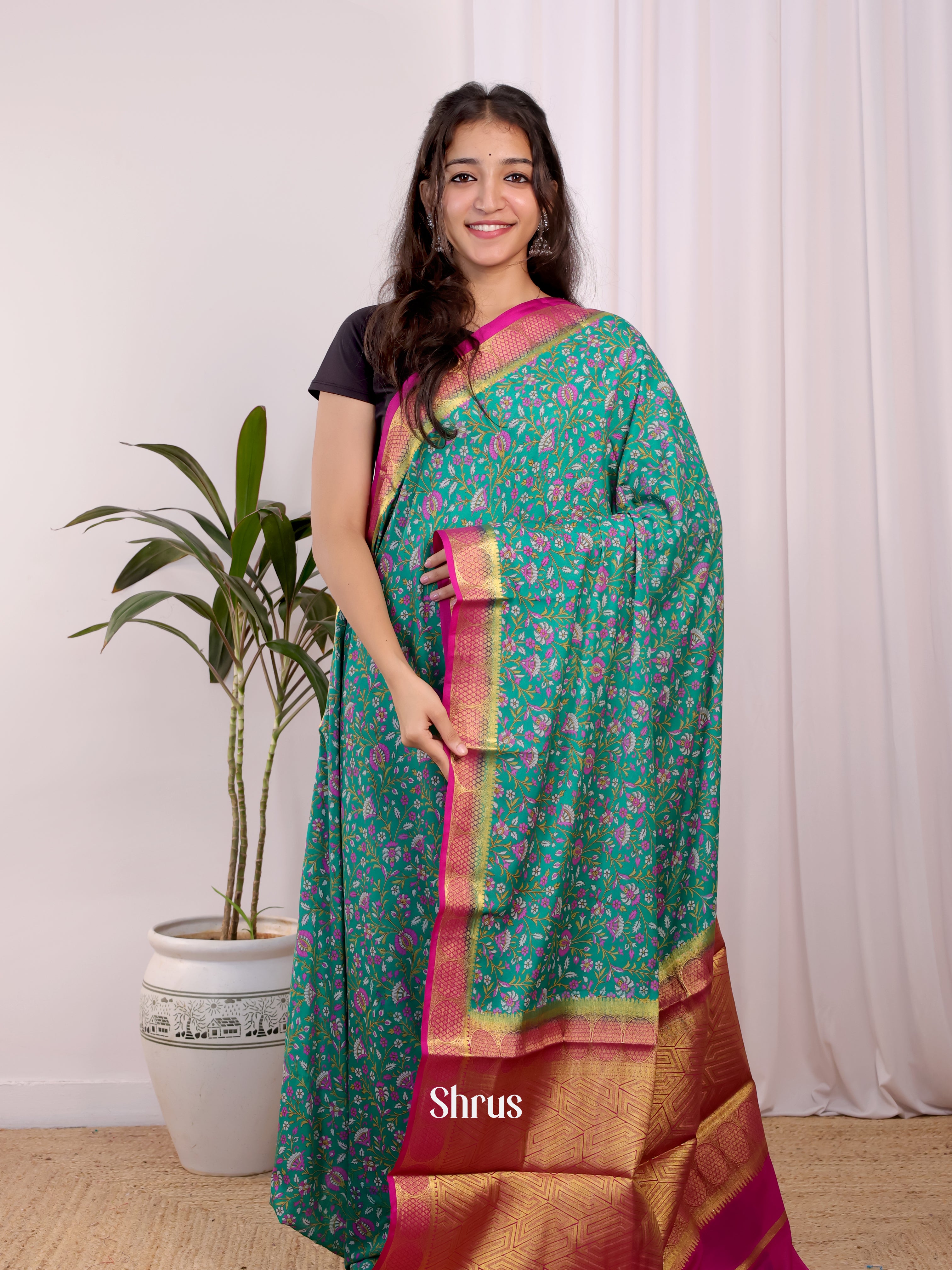 Green & Pink- Semi Mysoresilk Saree - Shop on Shrus.com
