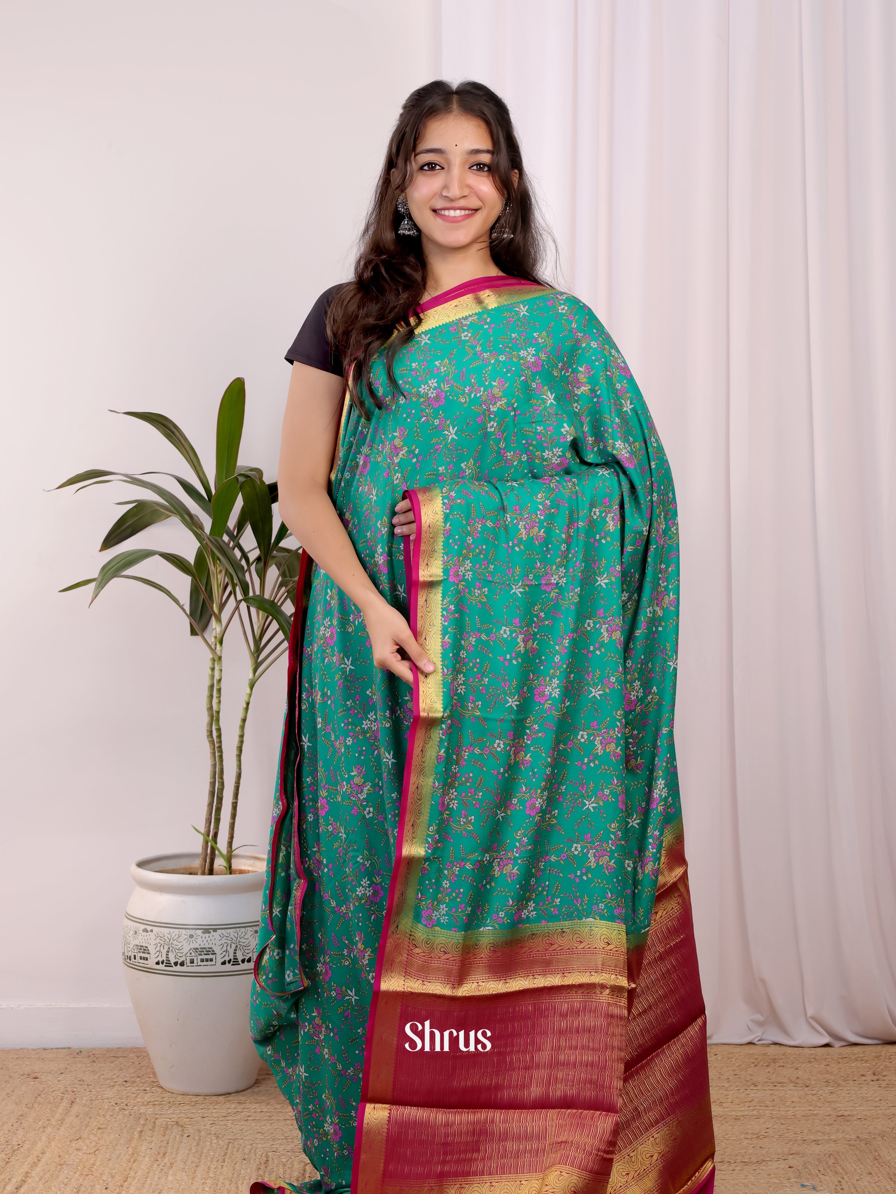 Green & Pink - Semi Mysoresilk Saree - Shop on Shrus.com