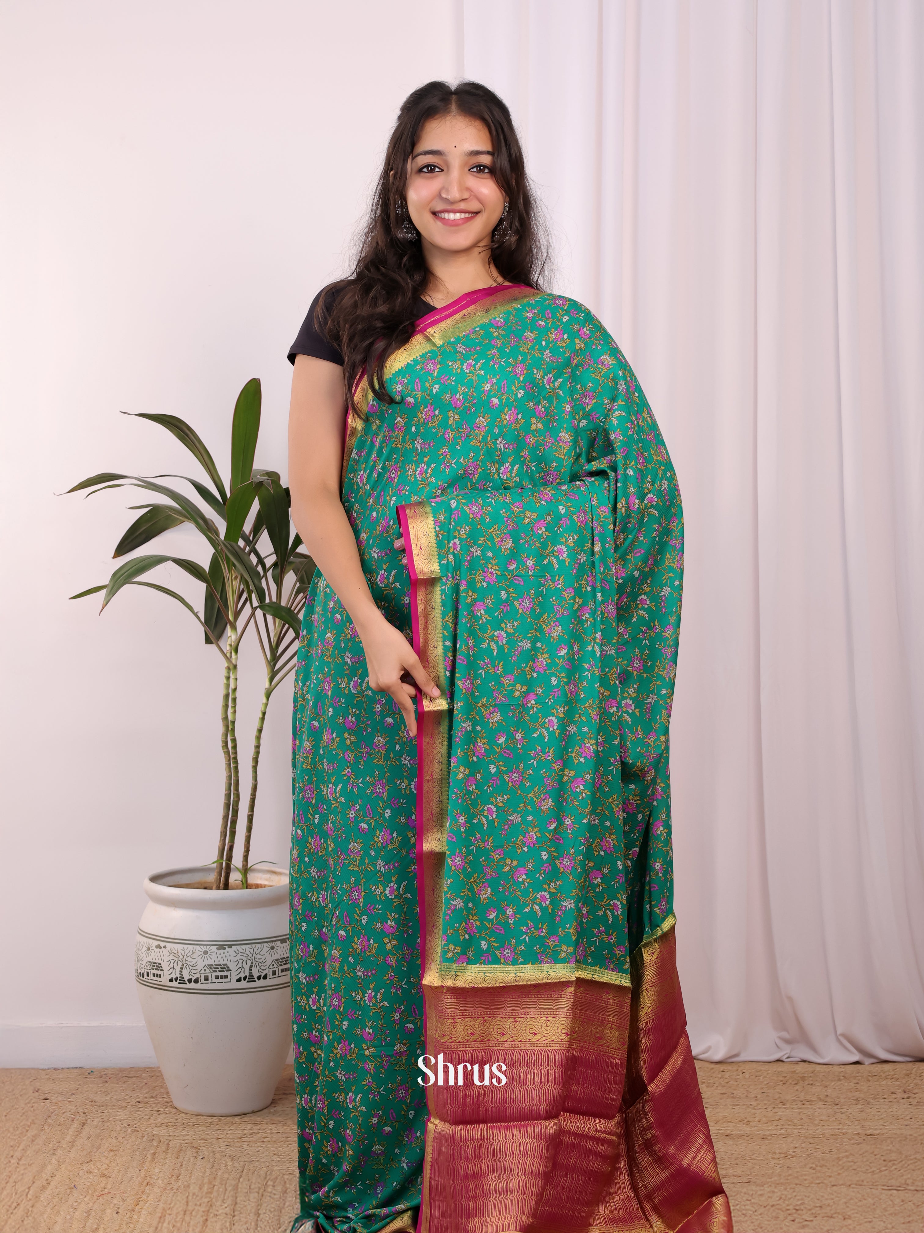 Green & Pink - Semi Mysoresilk Saree - Shop on Shrus.com