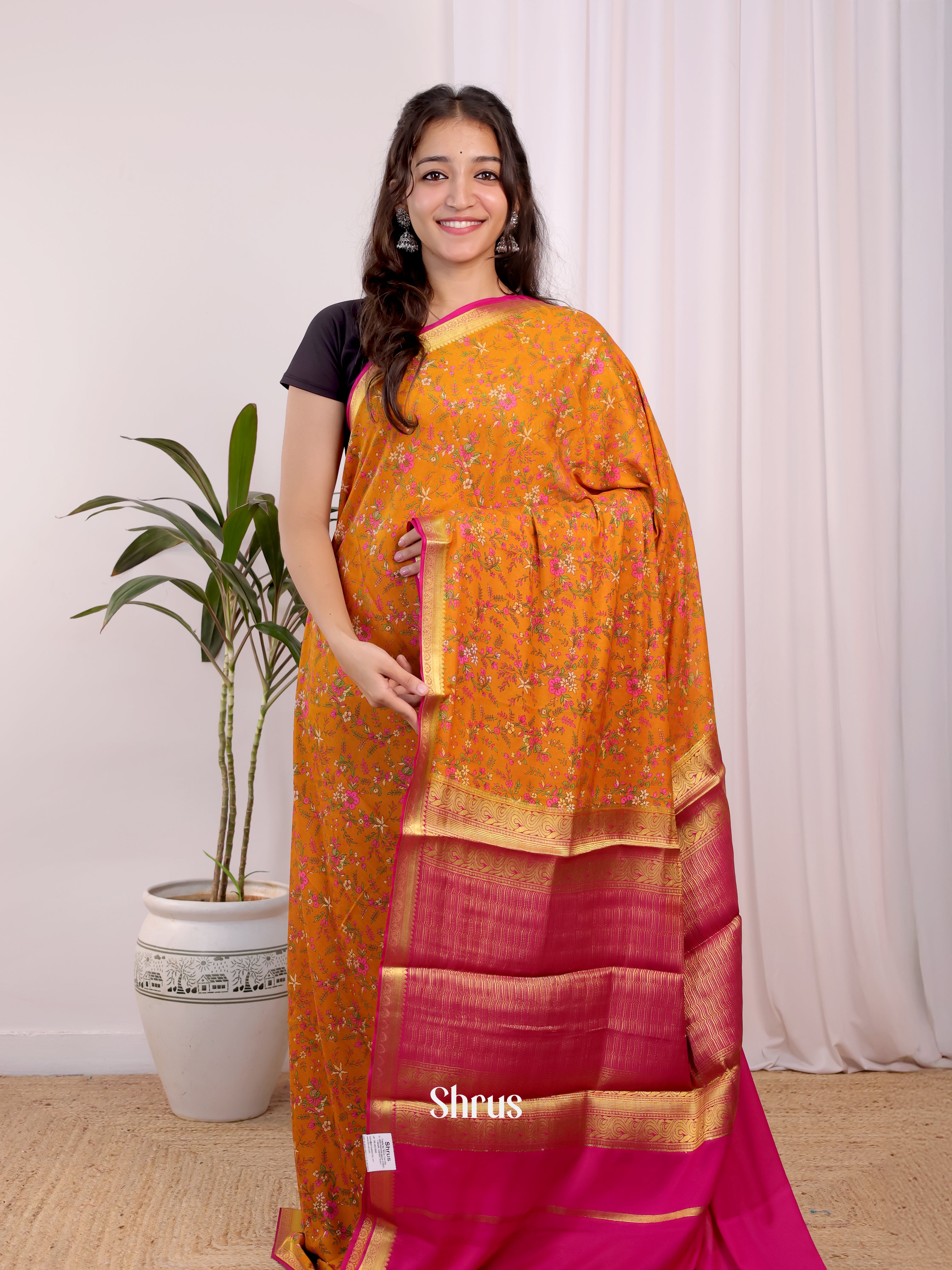 Orange & Pink- Semi Mysoresilk Saree - Shop on Shrus.com