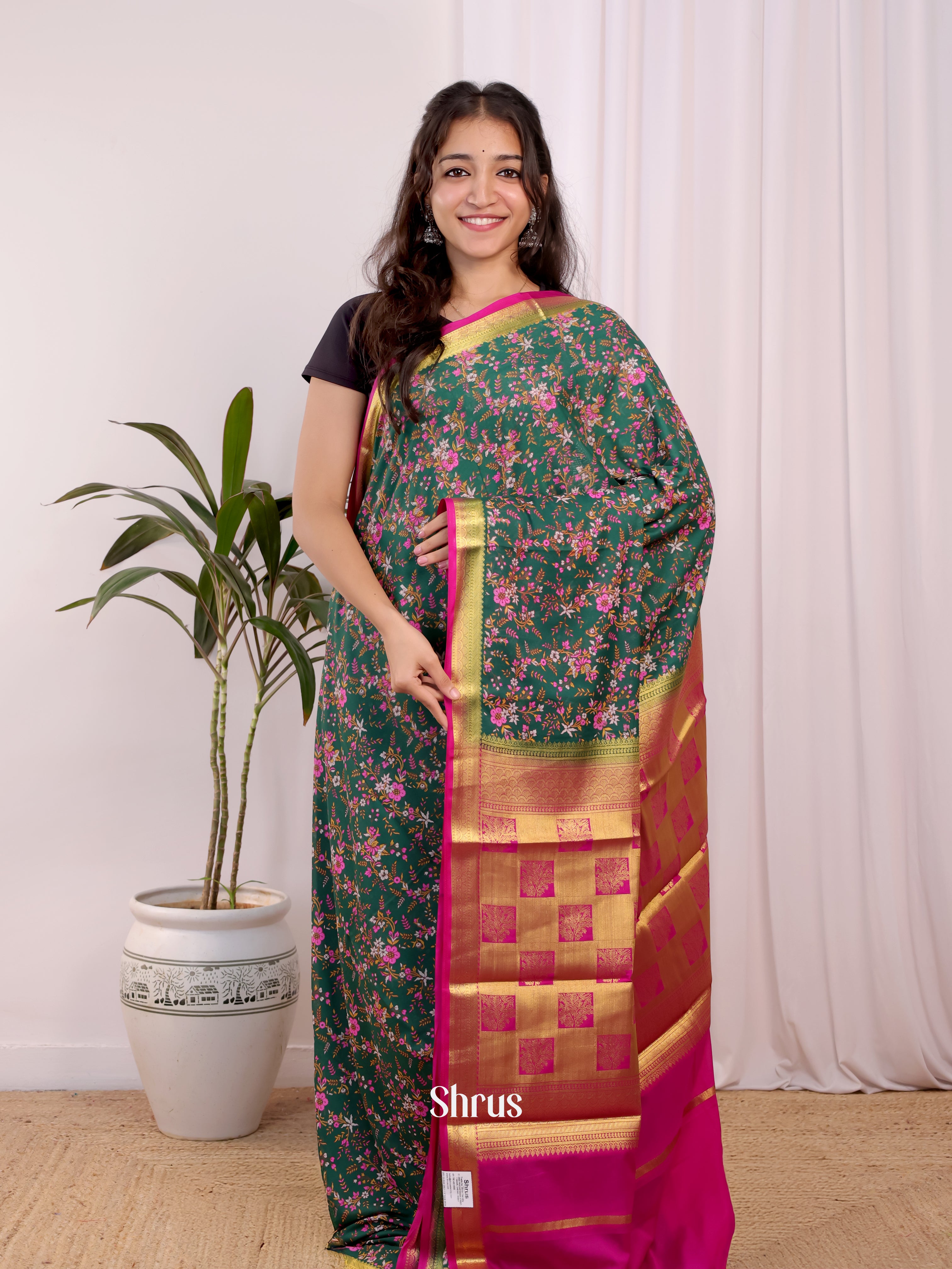 green & Pink - Semi Mysoresilk Saree - Shop on Shrus.com