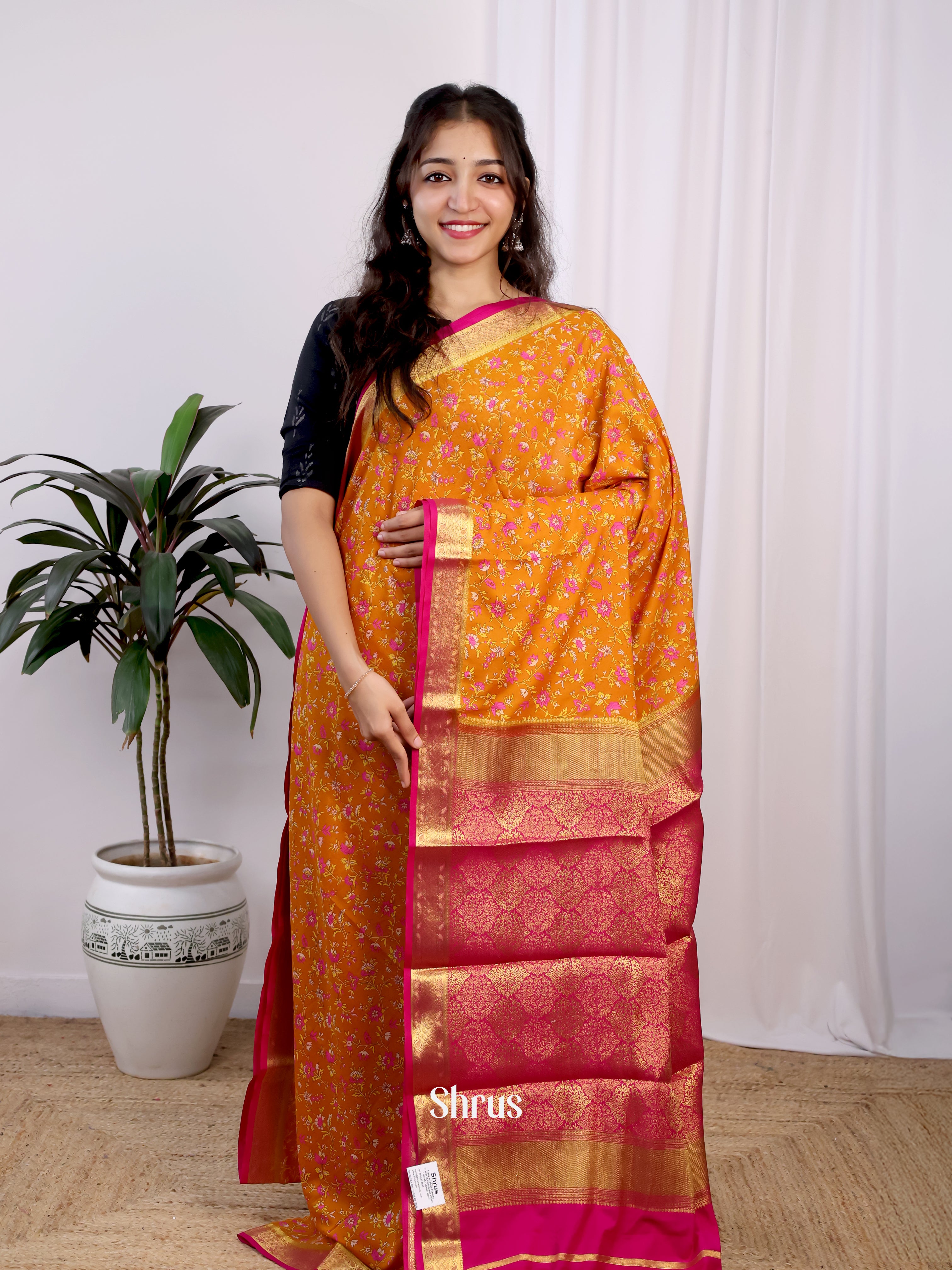 Orange & Pink - Semi Mysoresilk Saree - Shop on Shrus.com