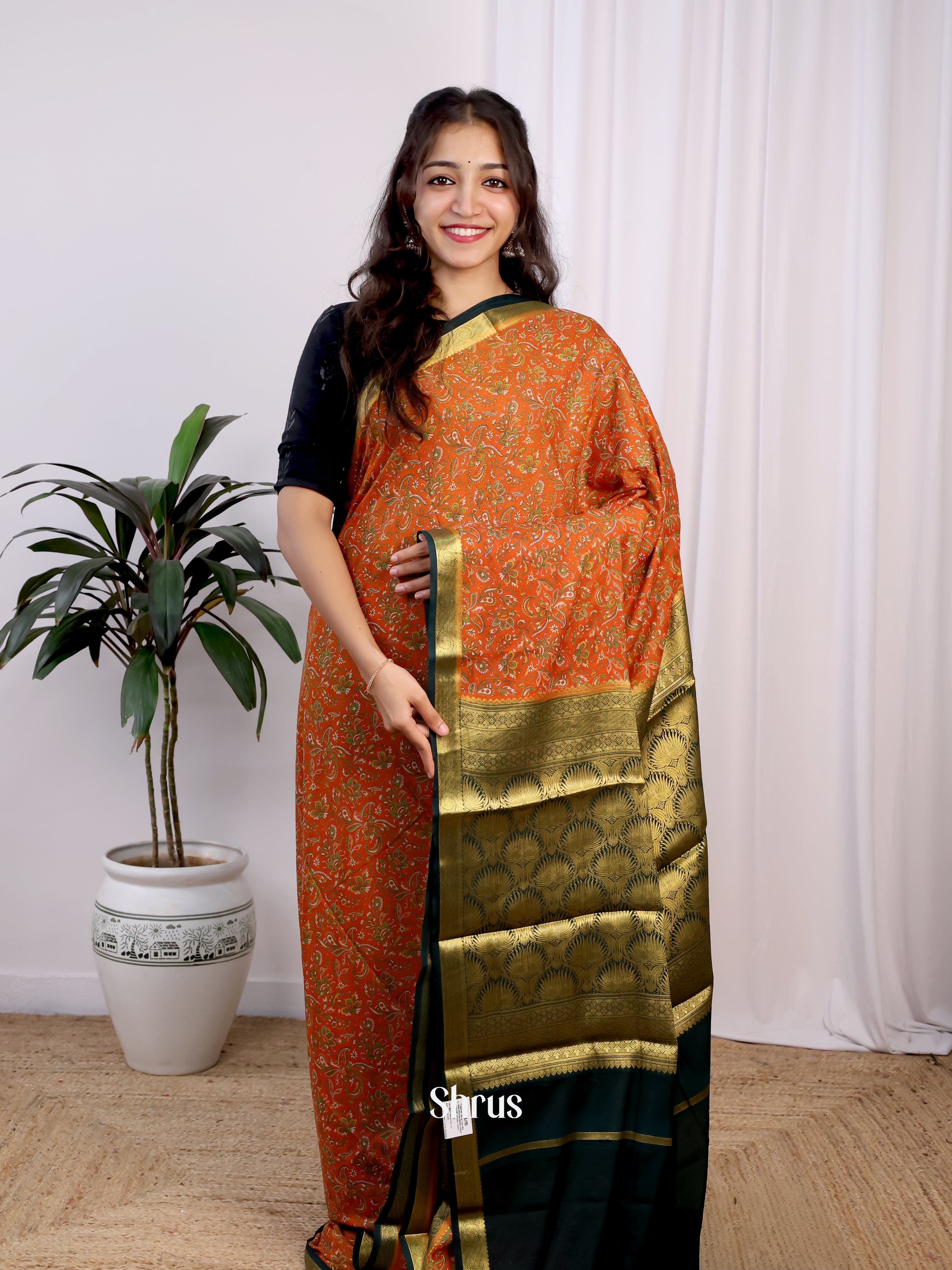Orange & Green - Semi Mysoresilk Saree - Shop on Shrus.com