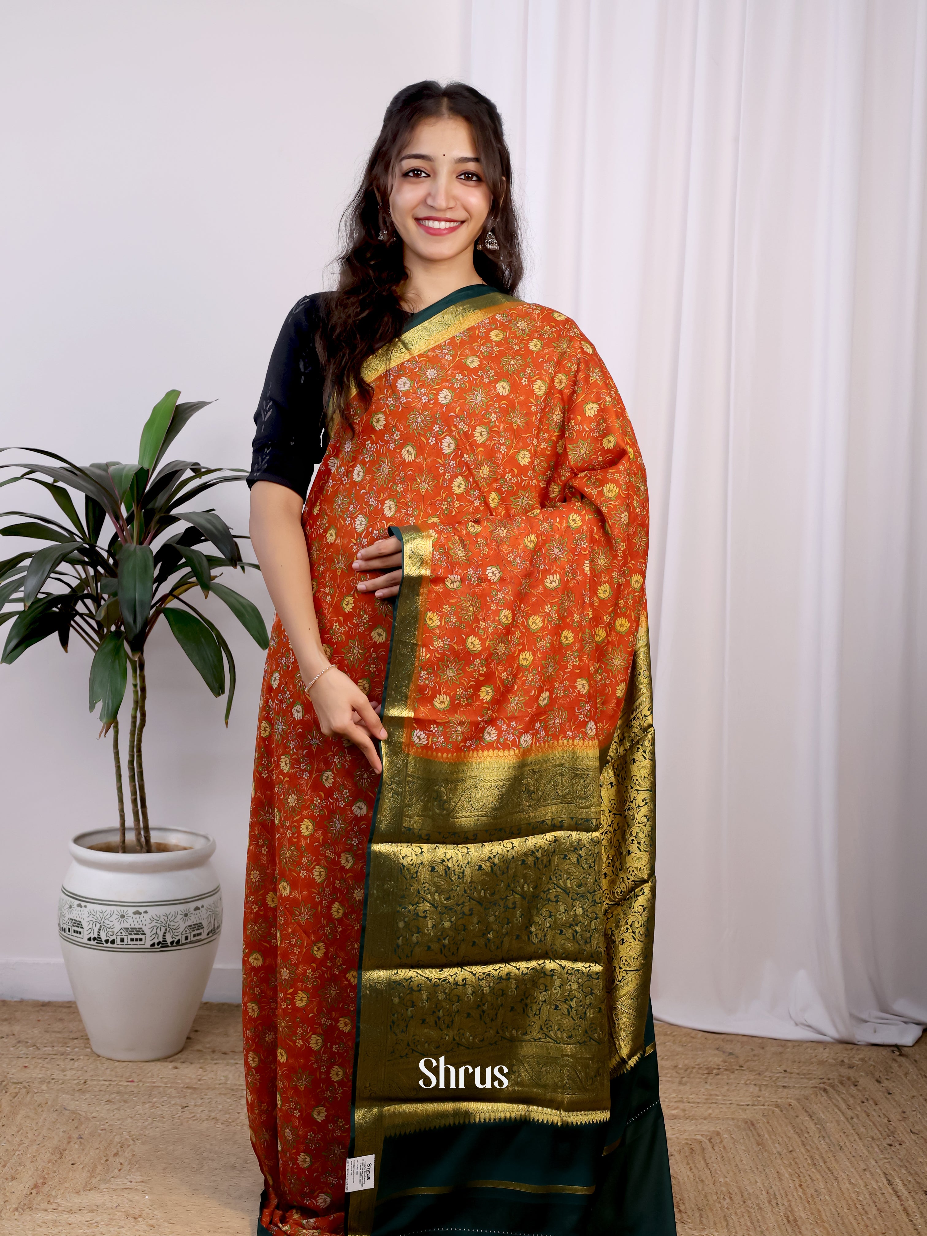 Orange & Green - Semi Mysoresilk Saree - Shop on Shrus.com