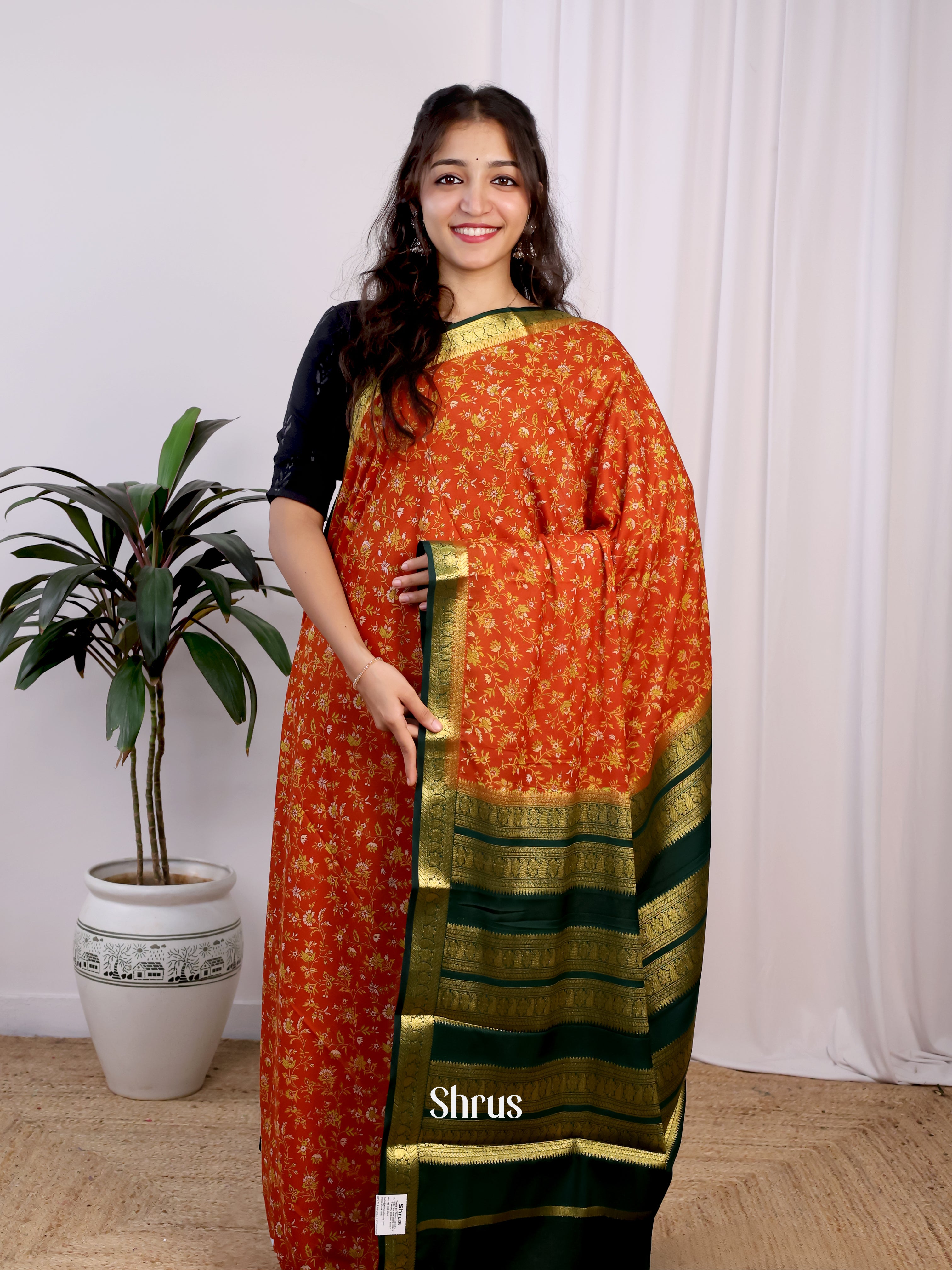 Orange & Green - Semi Mysoresilk Saree - Shop on Shrus.com