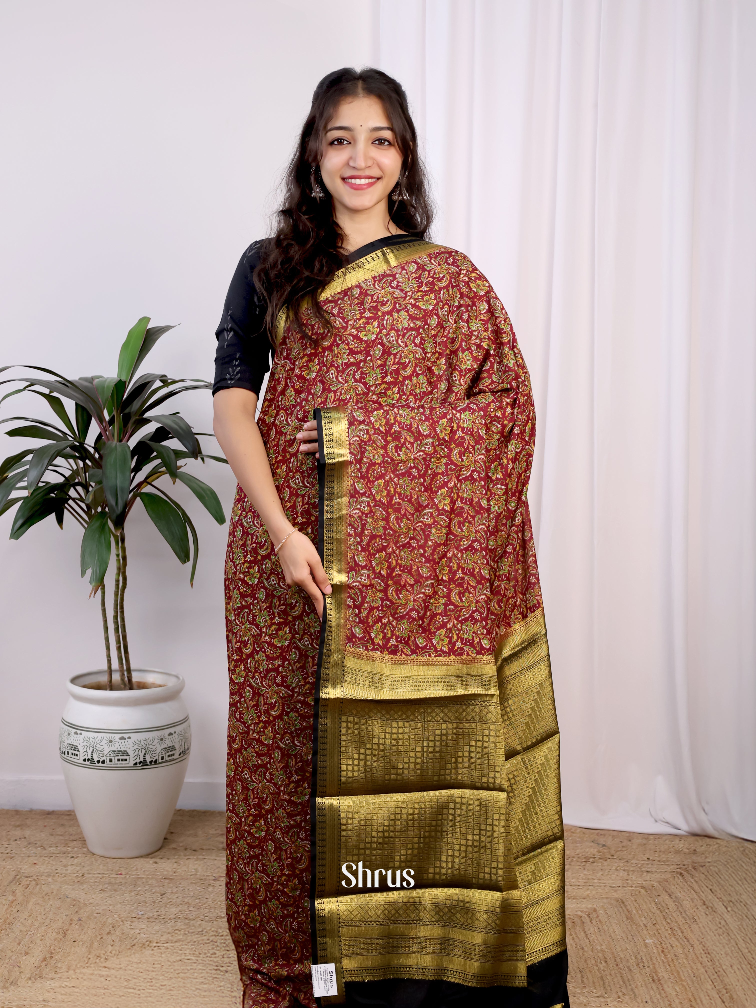 Maroon & Black- Semi Mysoresilk Saree - Shop on Shrus.com