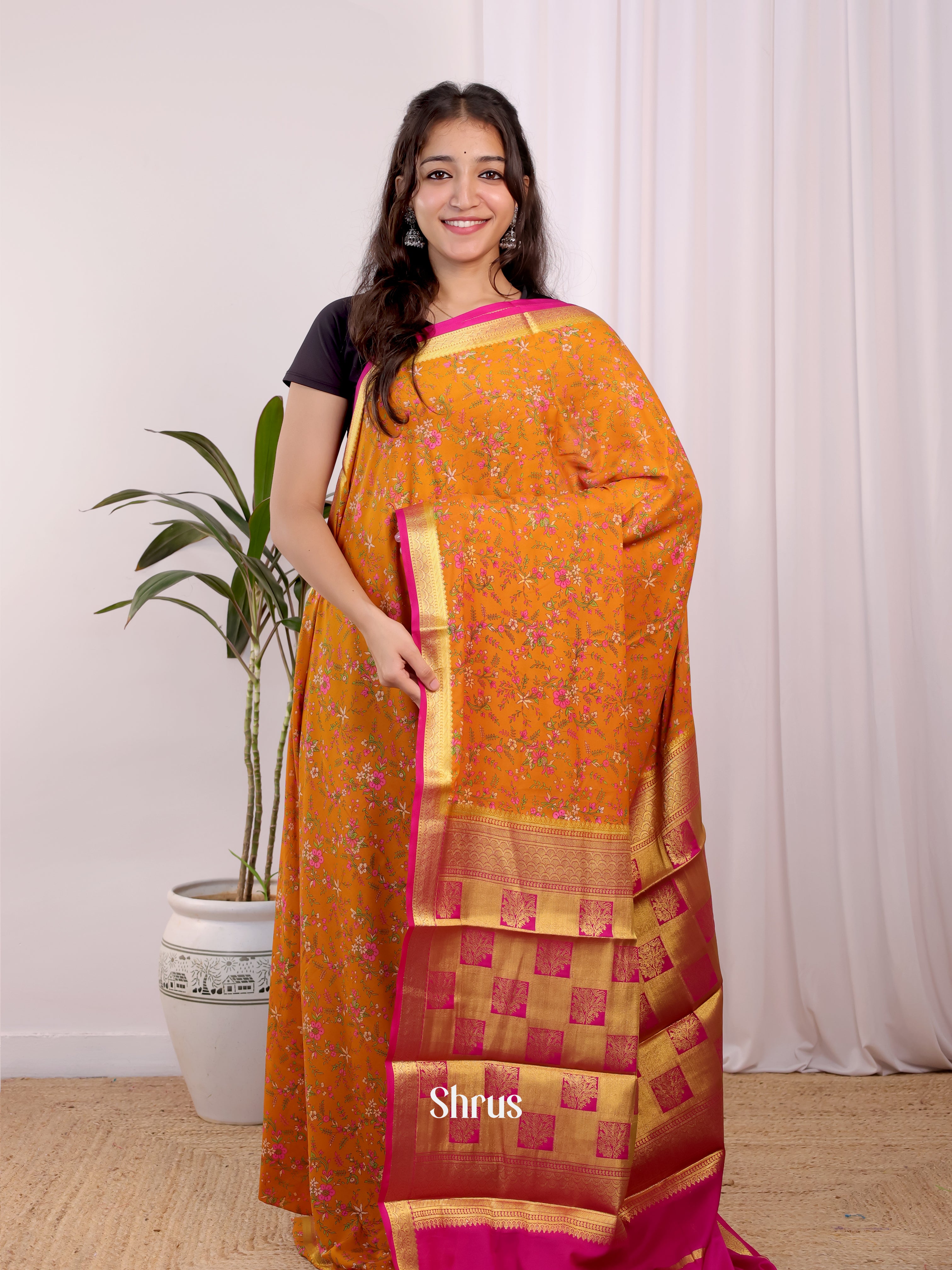 Orange & Pink - Semi Mysoresilk Saree - Shop on Shrus.com