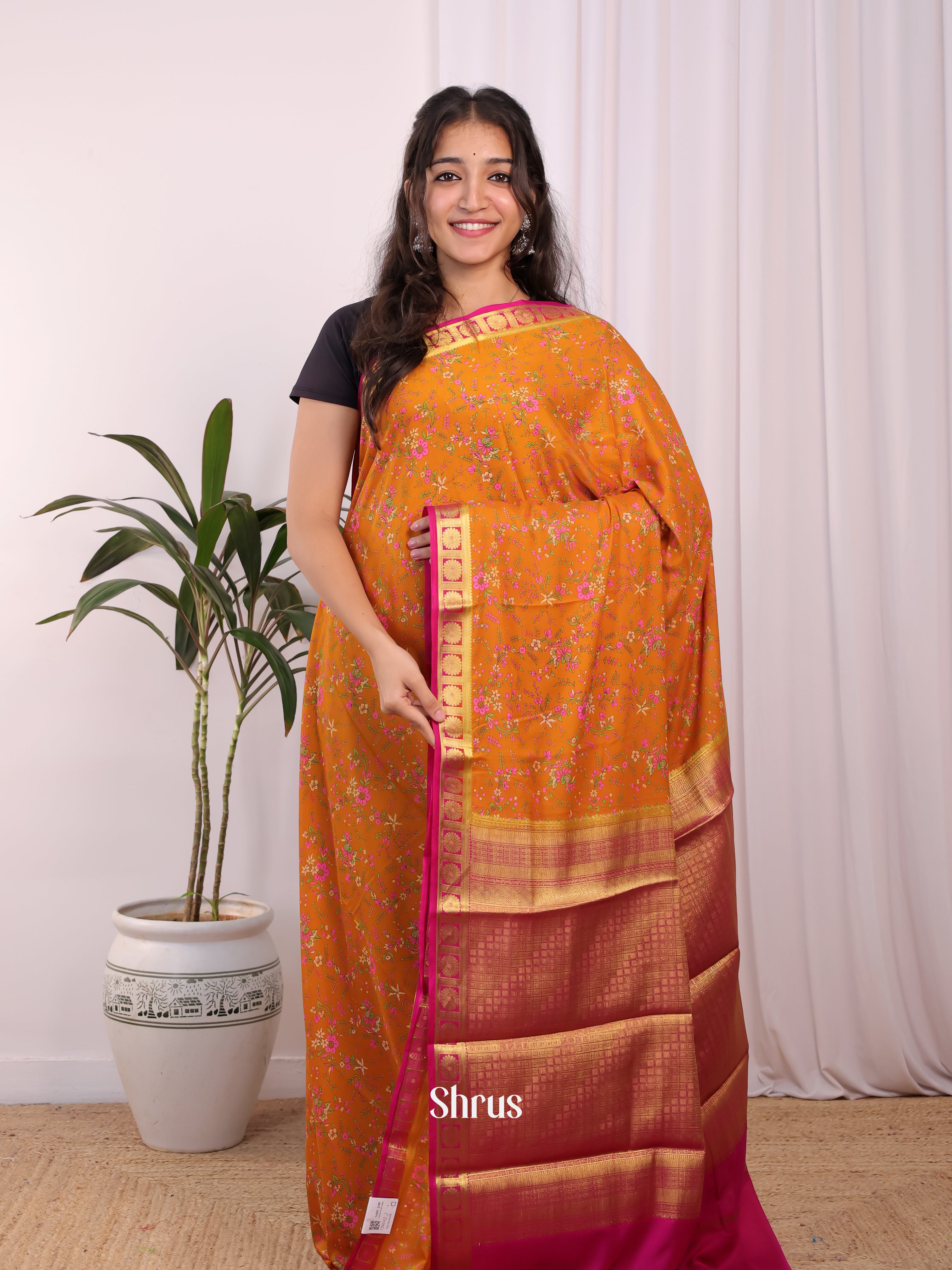 Orange & Pink - Semi Mysoresilk Saree - Shop on Shrus.com