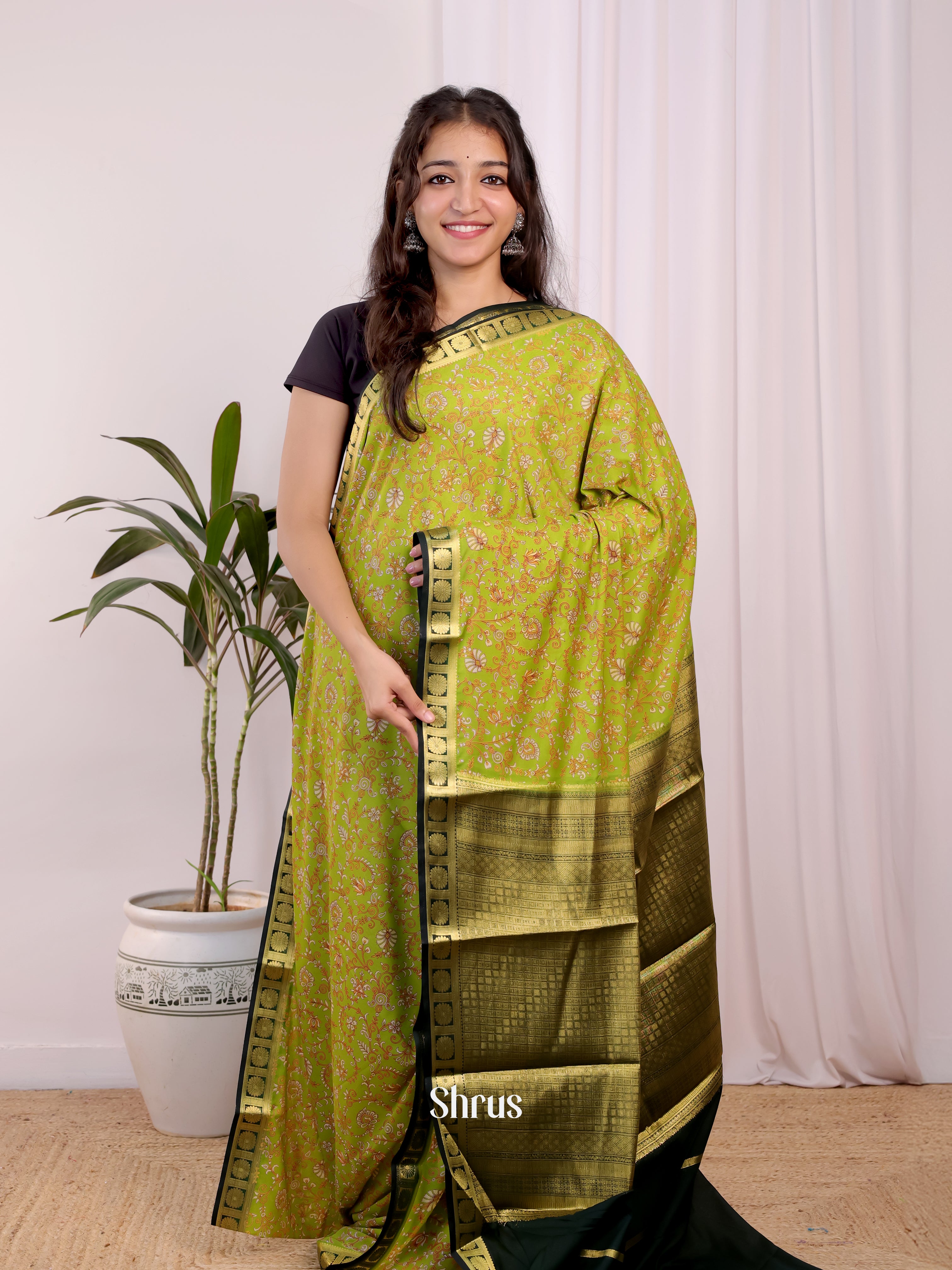 Lite Green & Green - Semi Mysoresilk Saree - Shop on Shrus.com