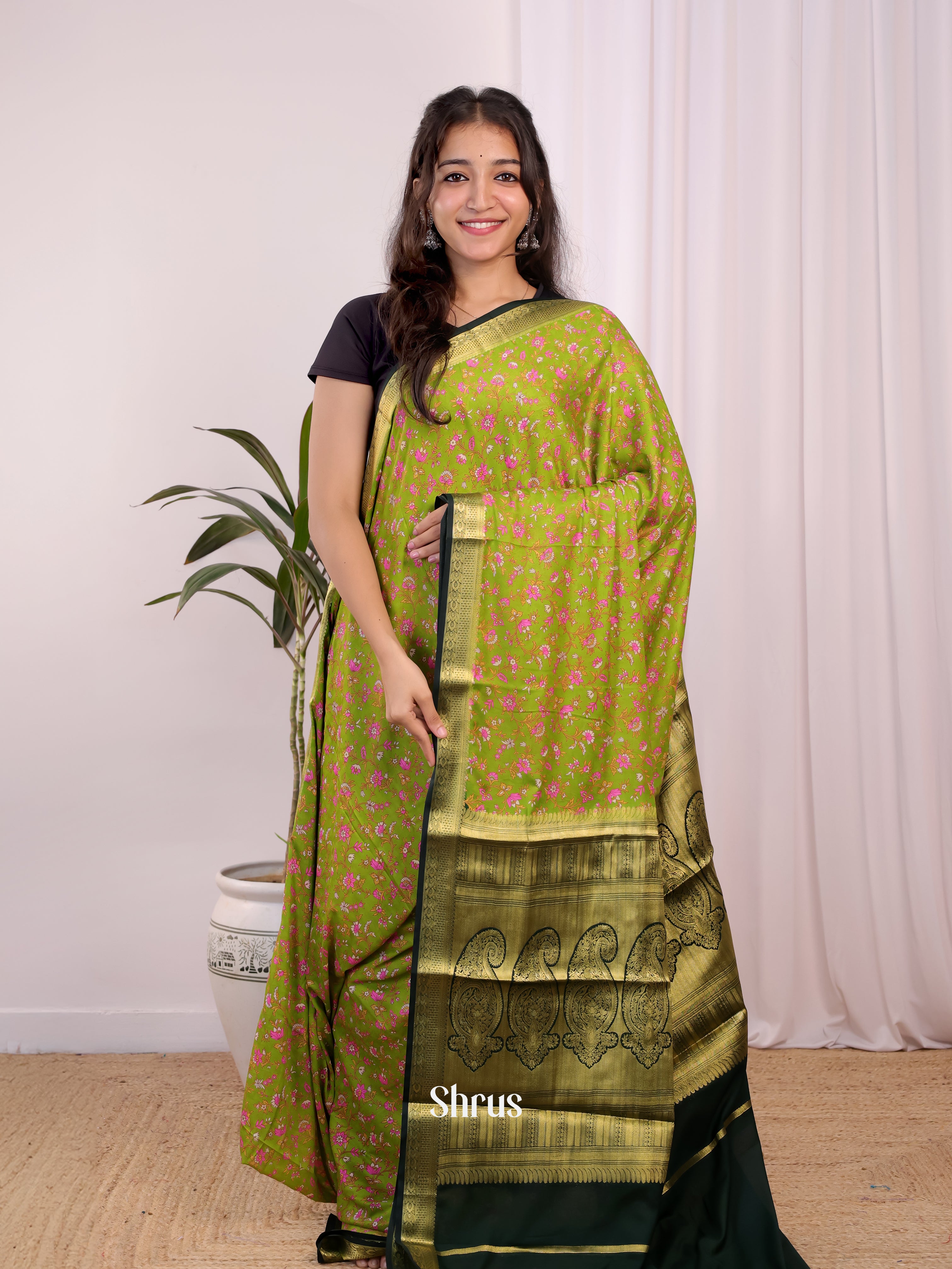 Lite Green & Green - Semi Mysoresilk Saree - Shop on Shrus.com