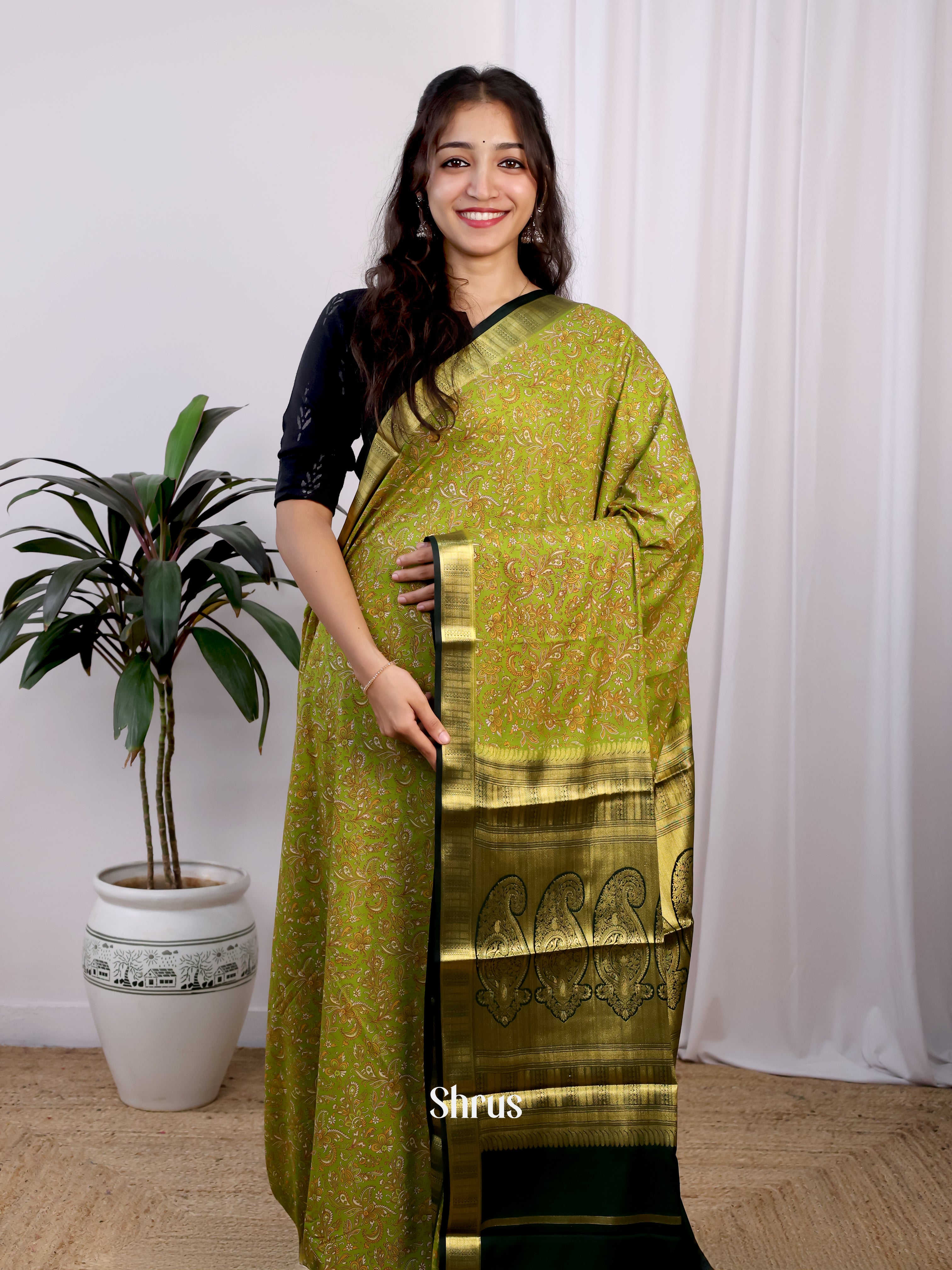 Green & Bottle Green - Semi Mysoresilk Saree - Shop on Shrus.com