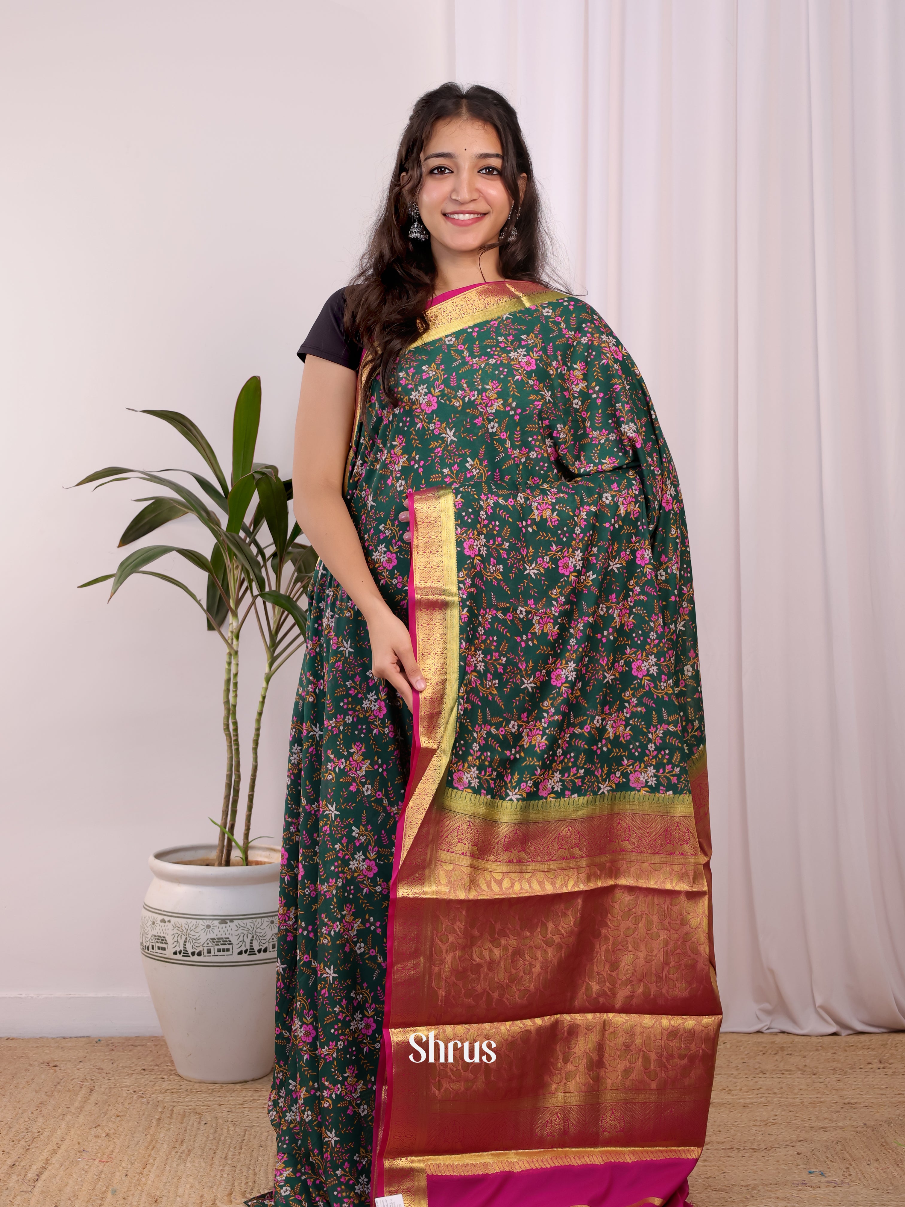 Green & Pink- Semi Mysoresilk Saree - Shop on Shrus.com