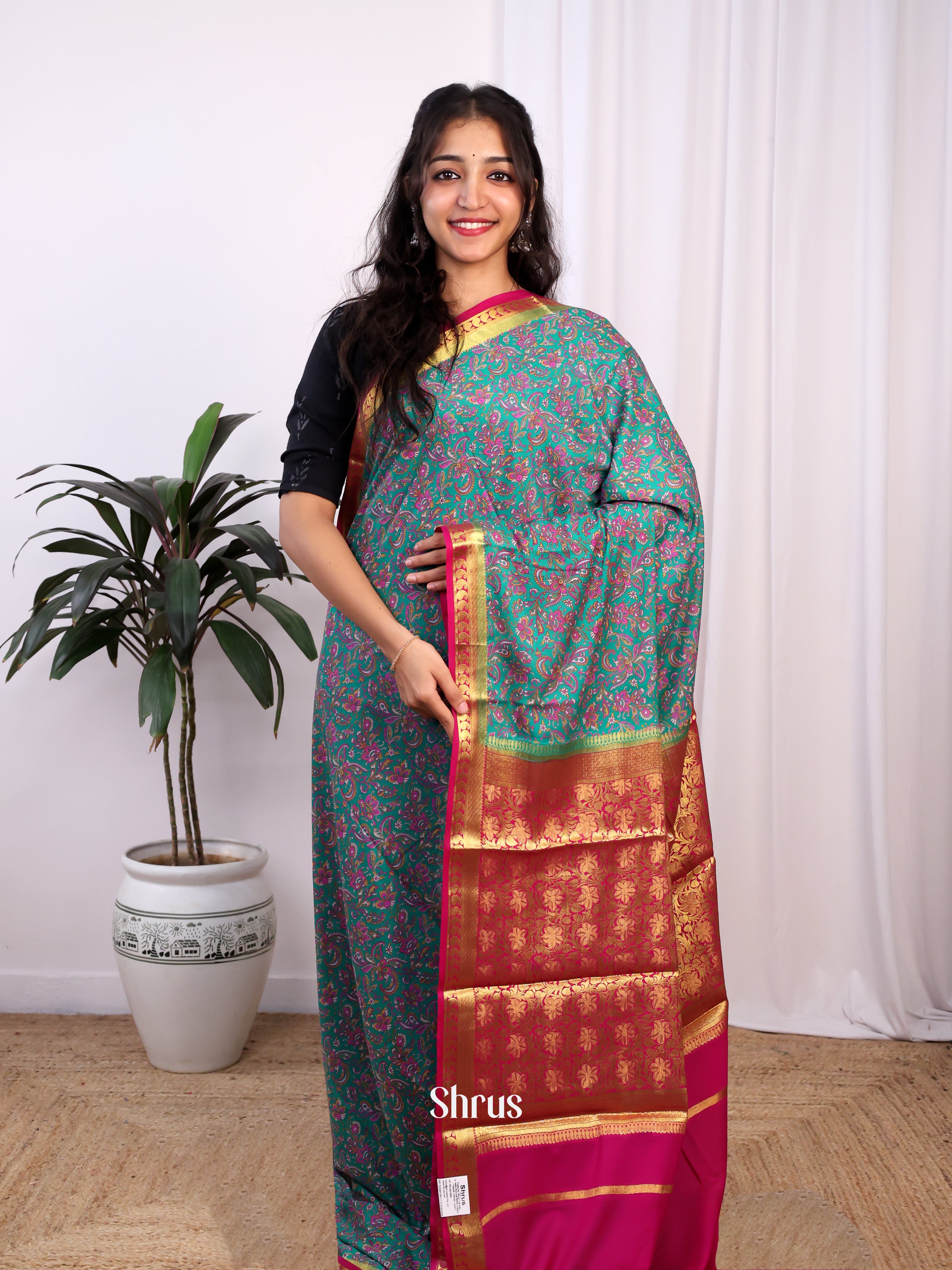 green & Pink - Semi Mysoresilk Saree - Shop on Shrus.com