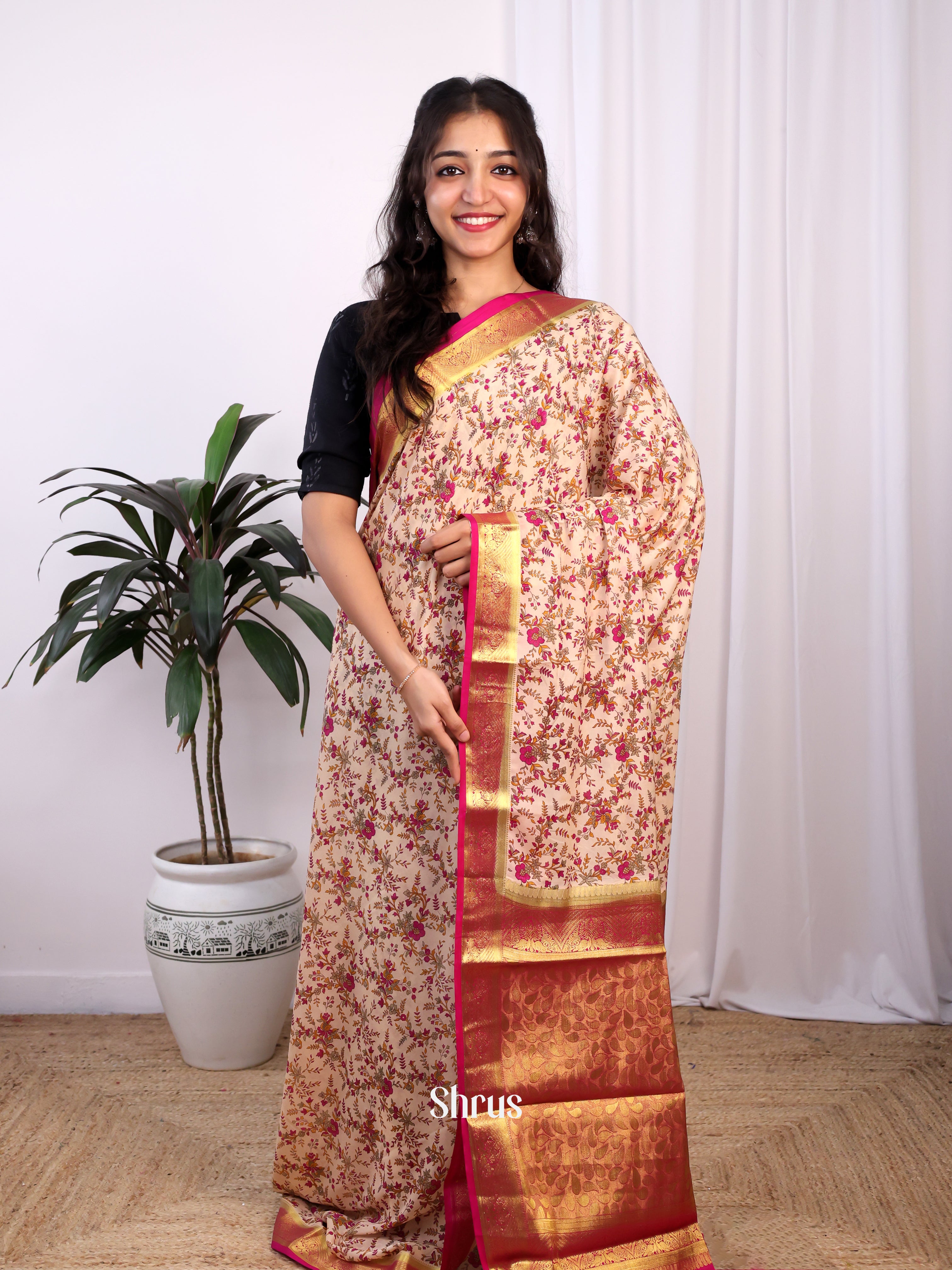 Peach & Pink- Semi Mysoresilk Saree - Shop on Shrus.com