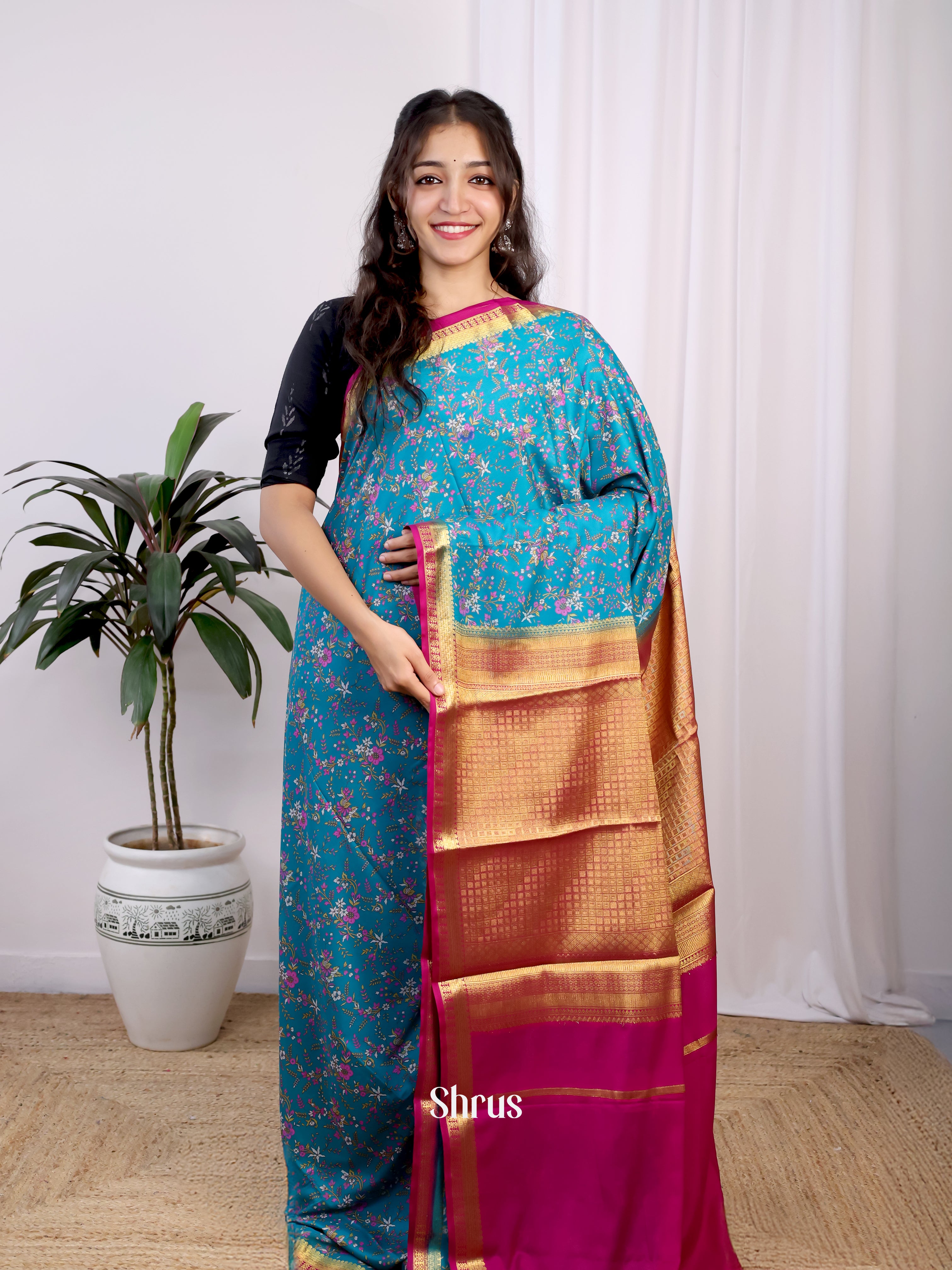 Blue & Pink- Semi Mysoresilk Saree - Shop on Shrus.com