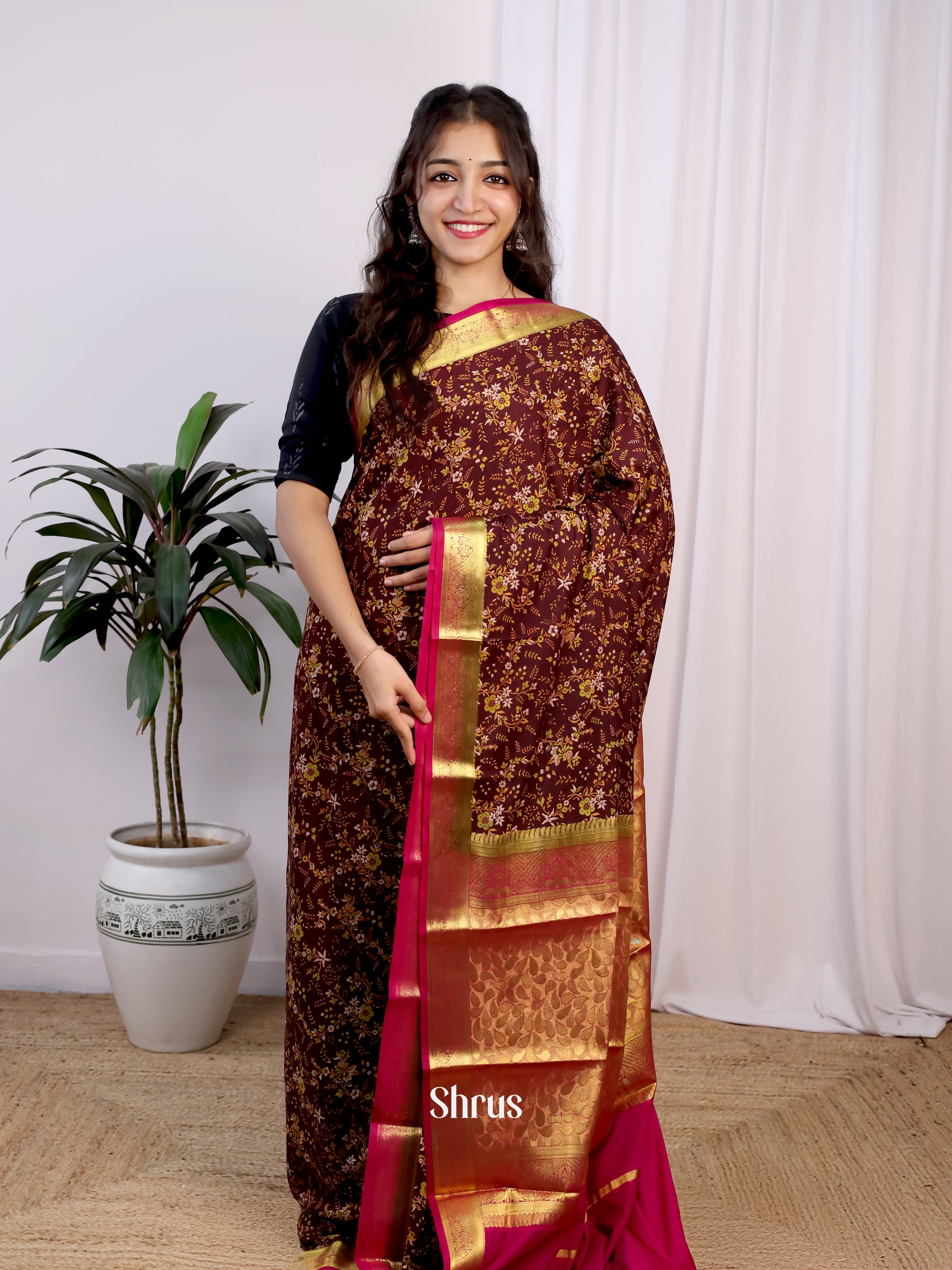 Brown & Pink - Semi Mysoresilk Saree - Shop on Shrus.com