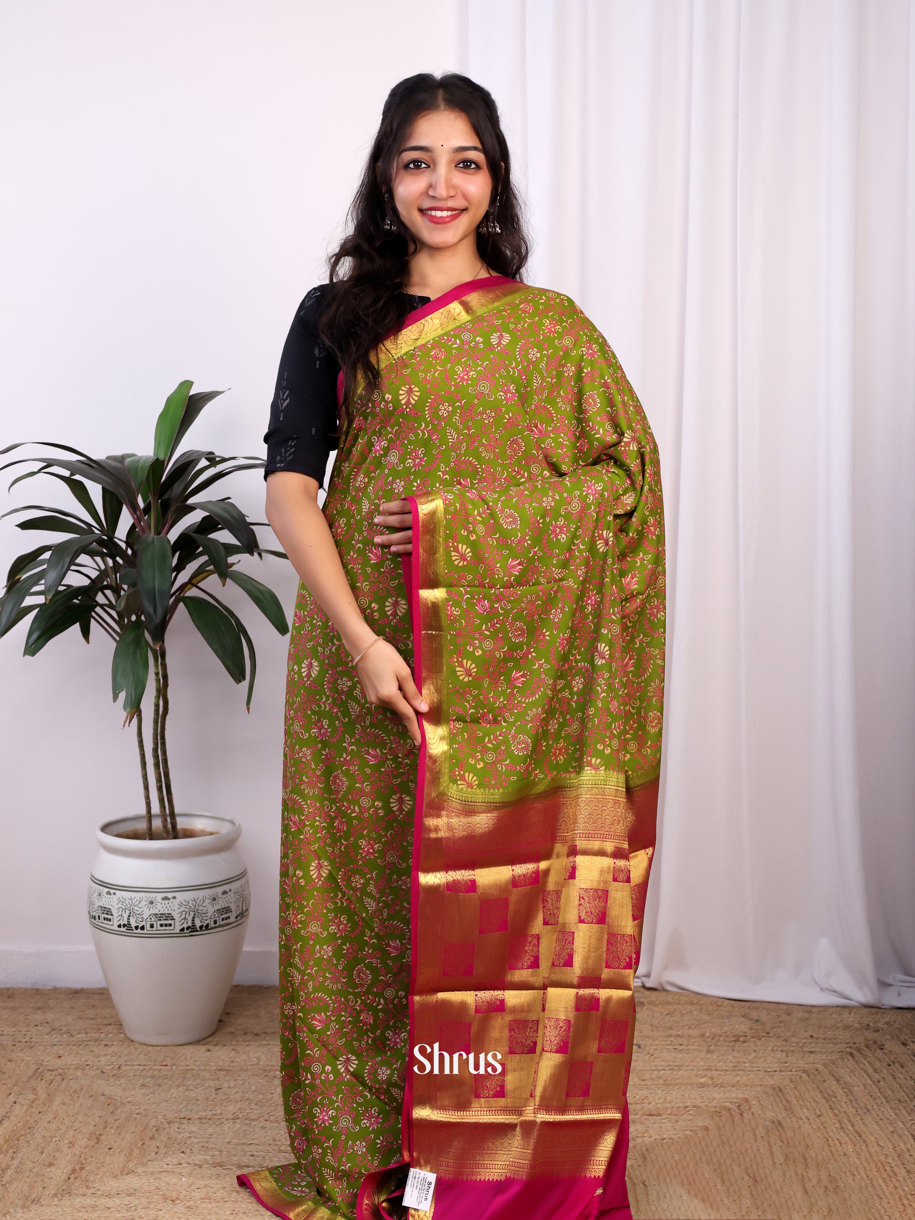 Green & Pink - Semi Mysoresilk Saree - Shop on Shrus.com